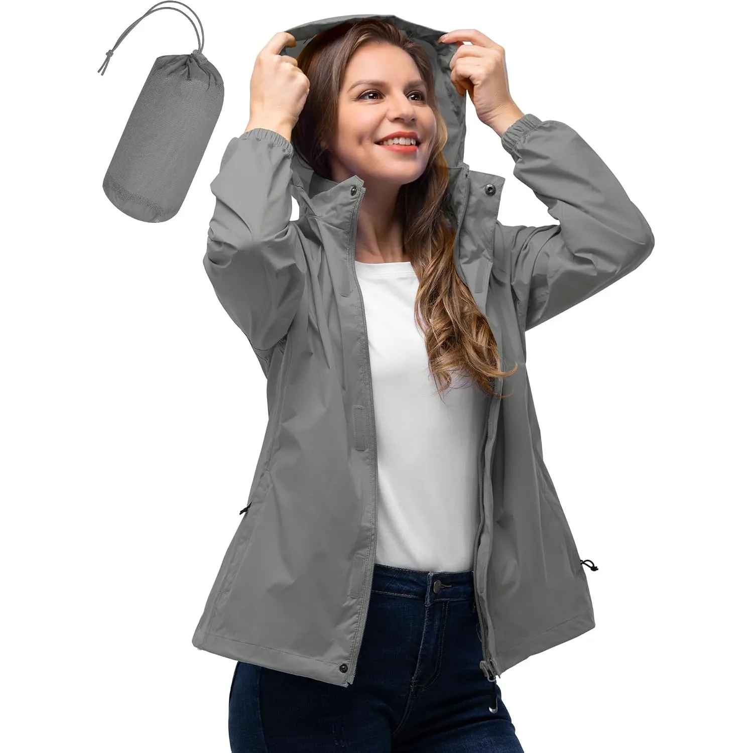 33,000ft Damen Wasserdichte Faltbar Regenjacke mit Kapuze, Leicht Atmungsaktive Windbreaker Jacke, Fahrradjacke für Fra…