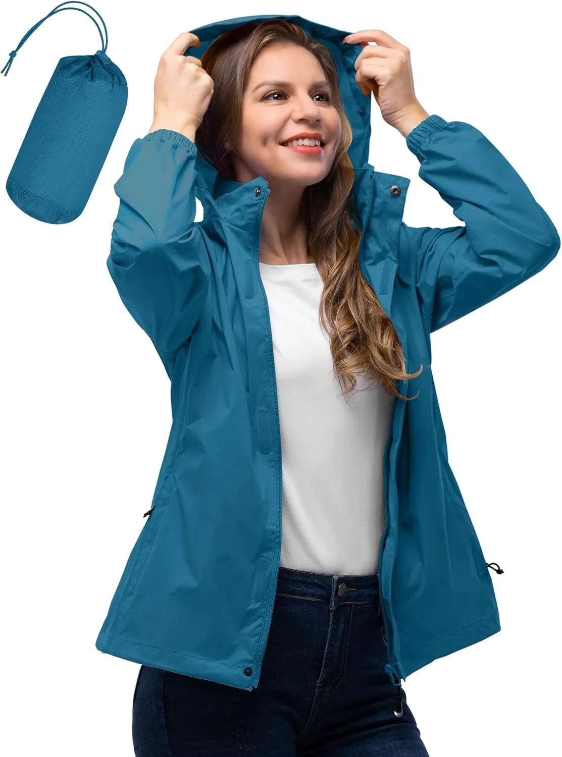33,000ft Damen Wasserdichte Faltbar Regenjacke mit Kapuze, Leicht Atmungsaktive Windbreaker Jacke, Fahrradjacke für Fra…