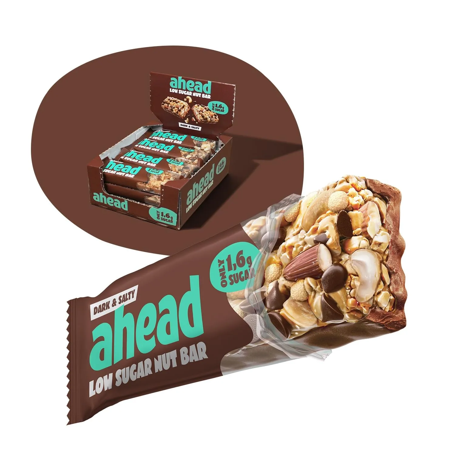 AHEAD Nut Bar | Nussriegel Müsliriegel zuckerfrei mit Zartbitterschokolade, Cashewkernen & Meersalz-Flocken - 12x35g mi…
