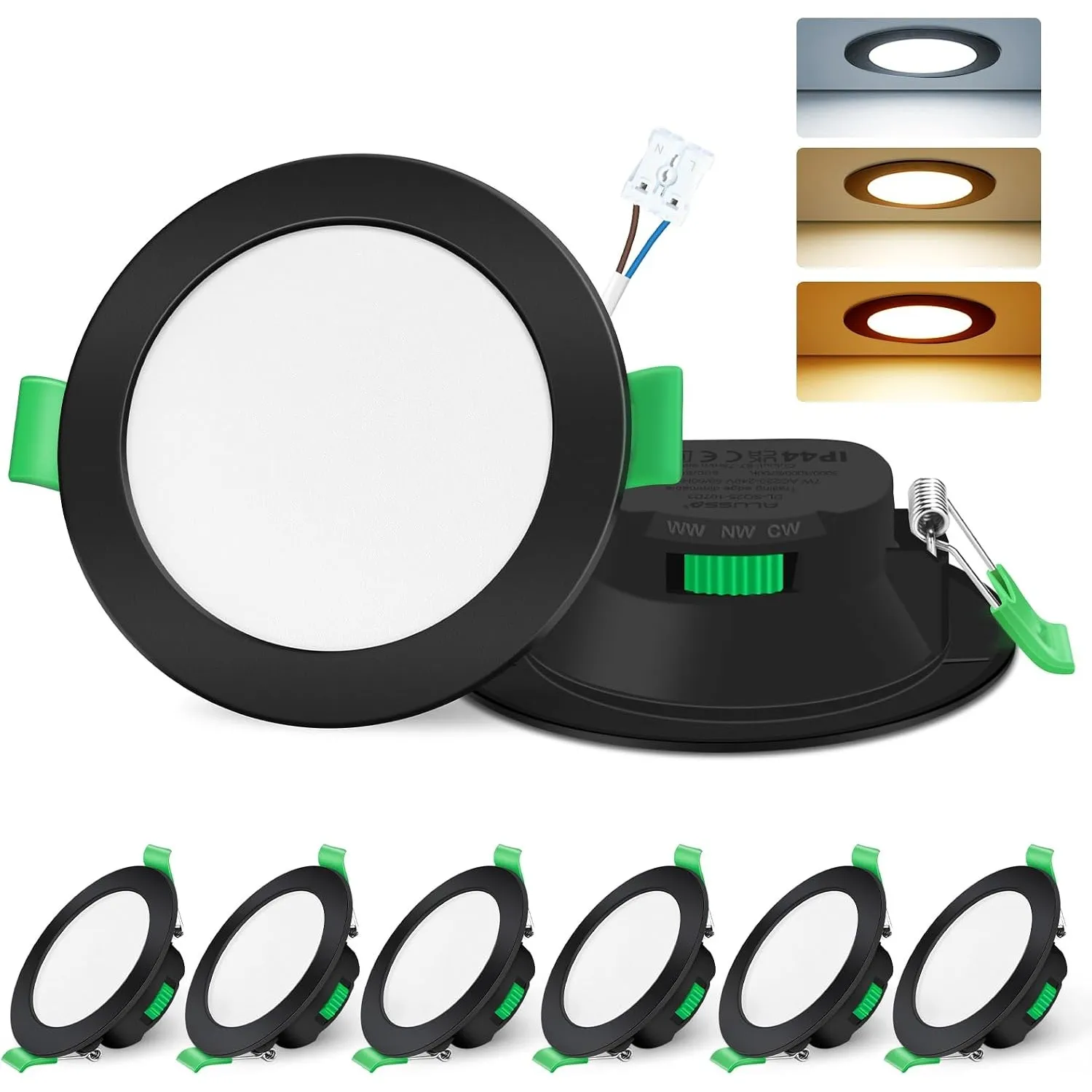 ALUSSO LED Einbaustrahler 230V 7W 3CCT Dimmbar 68mm Spots, Schwarz 6er Set