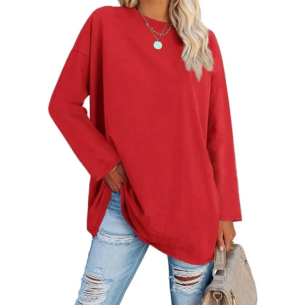 Ebifin Damen Langarmshirt Oversize Longshirt Rundhals