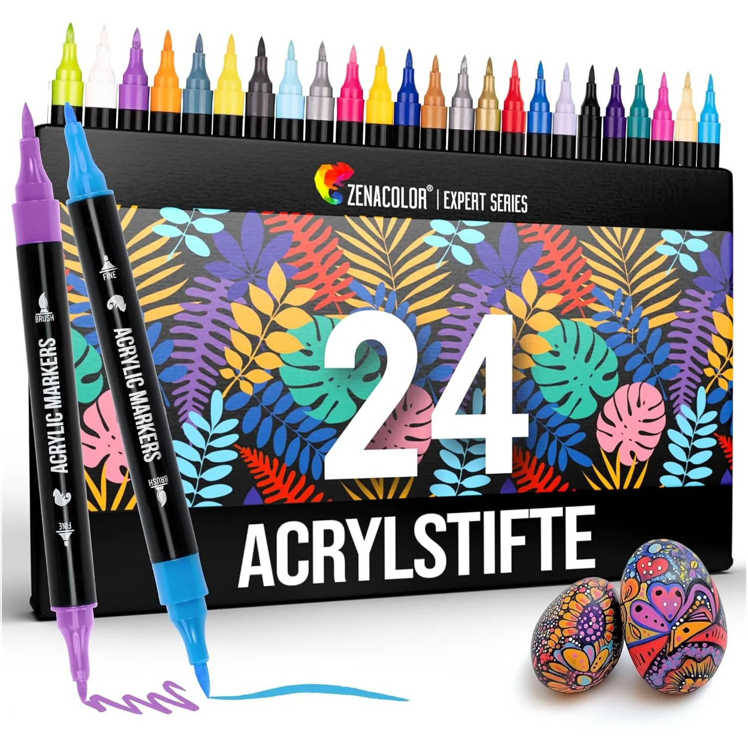 Zenacolor 24 Acrylstifte für Steine wasserfest mit Doppelspitze (feine Spitze und Pinsel) - Acrylstifte verschiedene Ob…