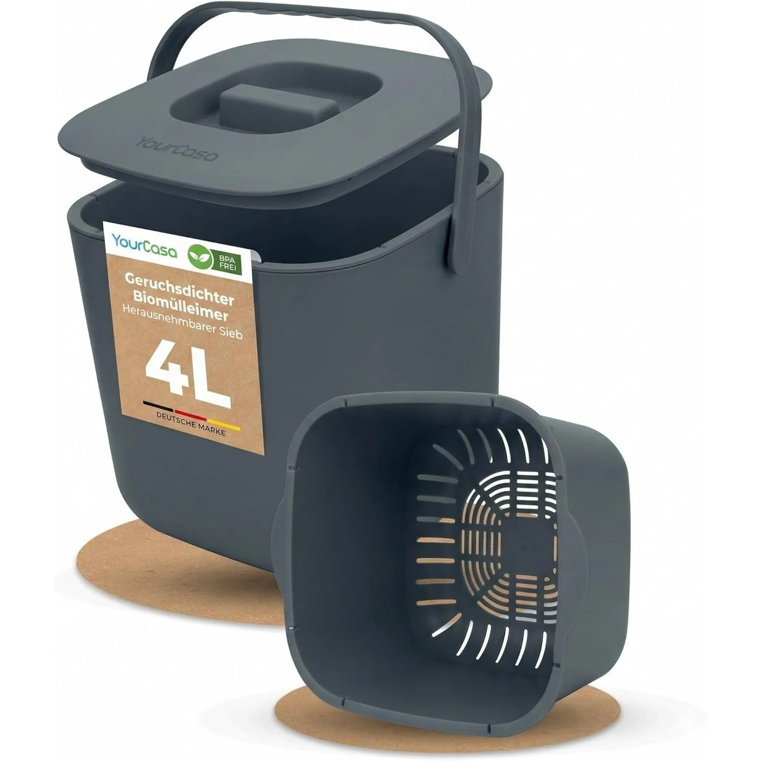 YourCasa Biomülleimer Küche 4L - Komposteimer mit herausnehmbarem Sieb & Deckel - geruchsdicht, spülmaschinenfest & ohn…