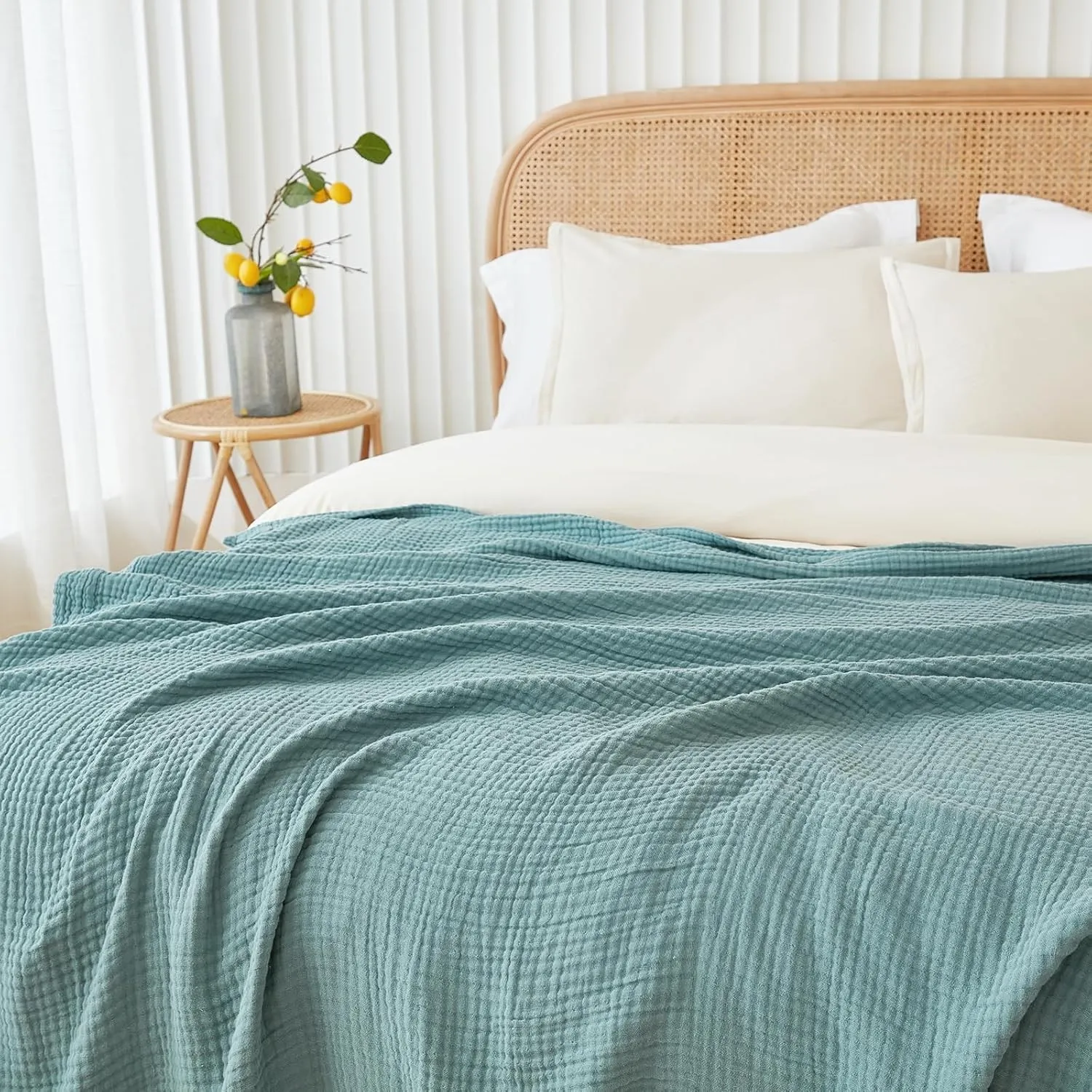 EMME Musselin-Decke 230x230 Baumwolle Oeko-TEX Erwachsene Tagesdecke,Türkis | Sommer-Überwurf Decken Für Bett Atmungsak…