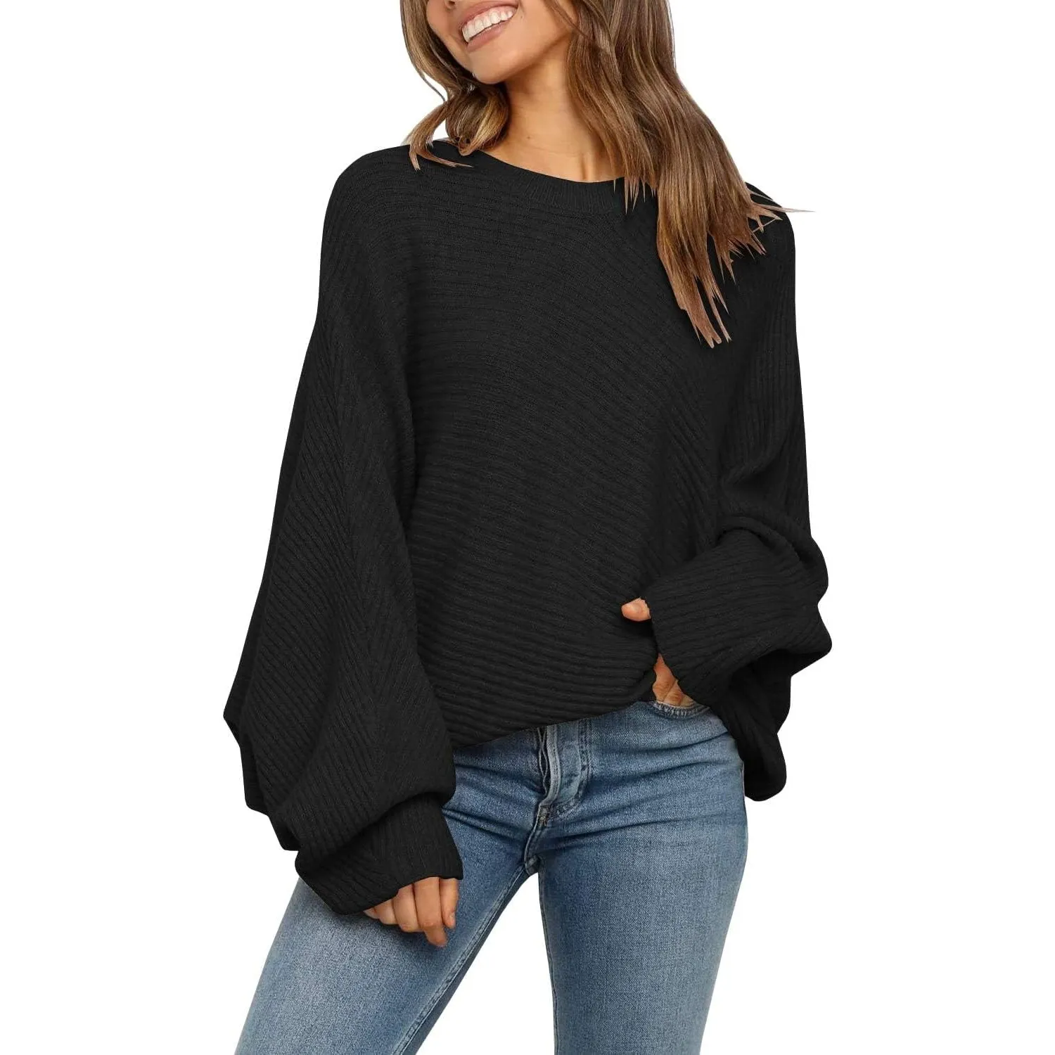 Fessceruna Damen Pullover Oversize Fledermausärmel Strickpullover