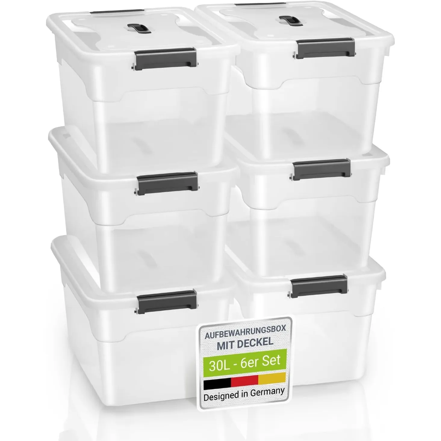 Juskys Aufbewahrungsbox mit Deckel - 6er Set Kunststoff Boxen 30l - Box groß, stapelbar, transparent - Aufbewahrung Ord…