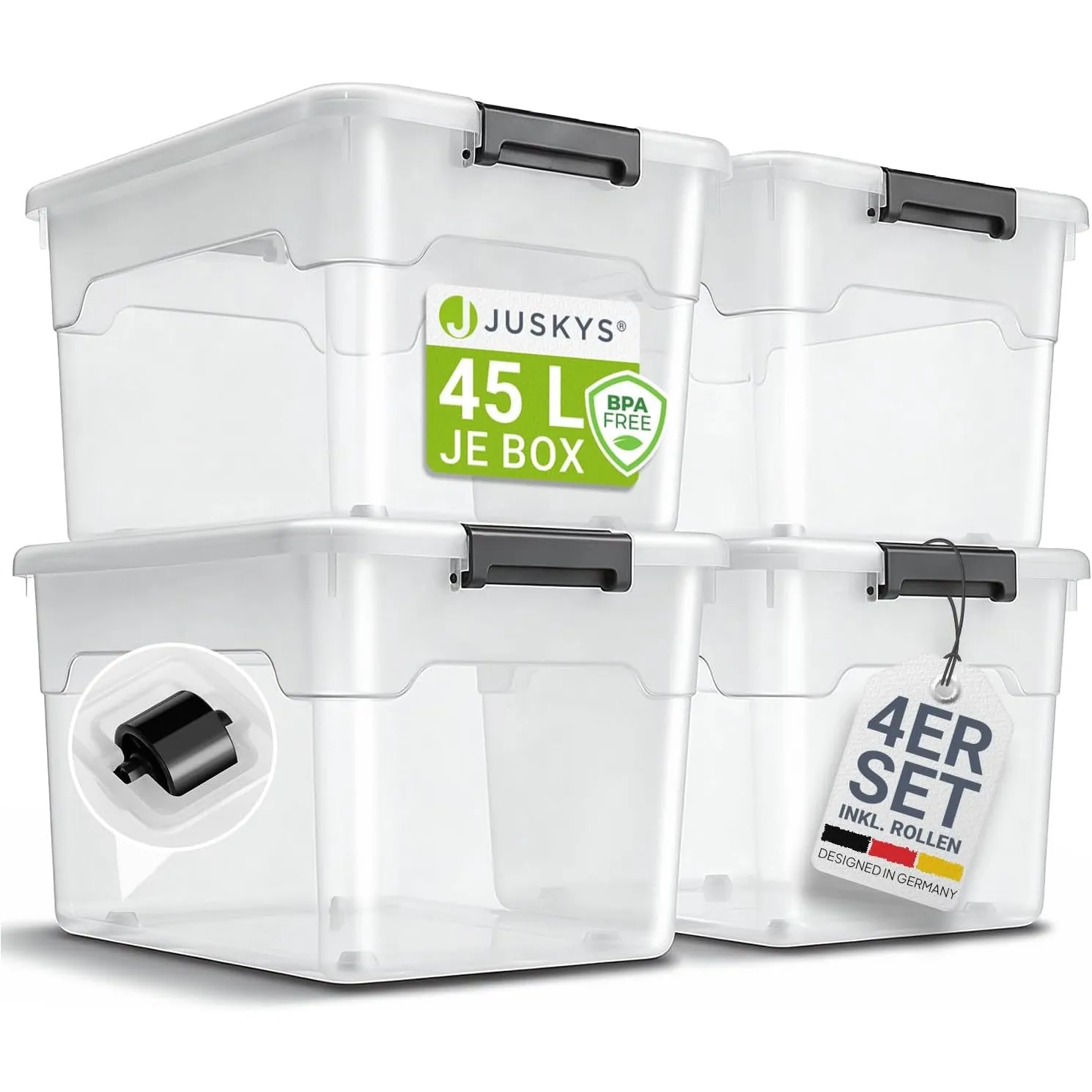 Juskys Aufbewahrungsbox mit Deckel - 4er Set Kunststoff Boxen 45l - Box groß, stapelbar, transparent - Aufbewahrung Ord…