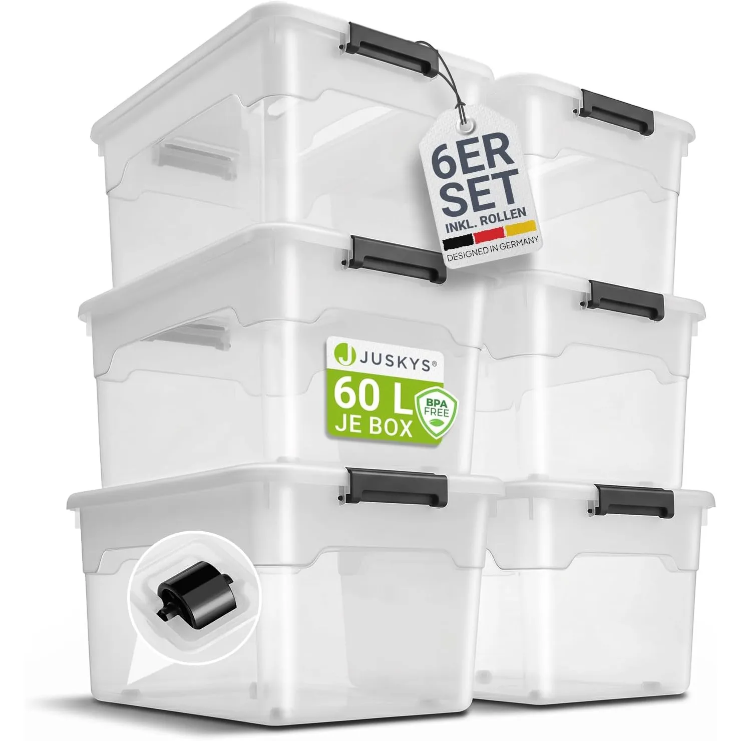 Juskys Aufbewahrungsbox mit Deckel - 6er Set Kunststoff Boxen 60l - Box groß, stapelbar, transparent - Aufbewahrung Ord…