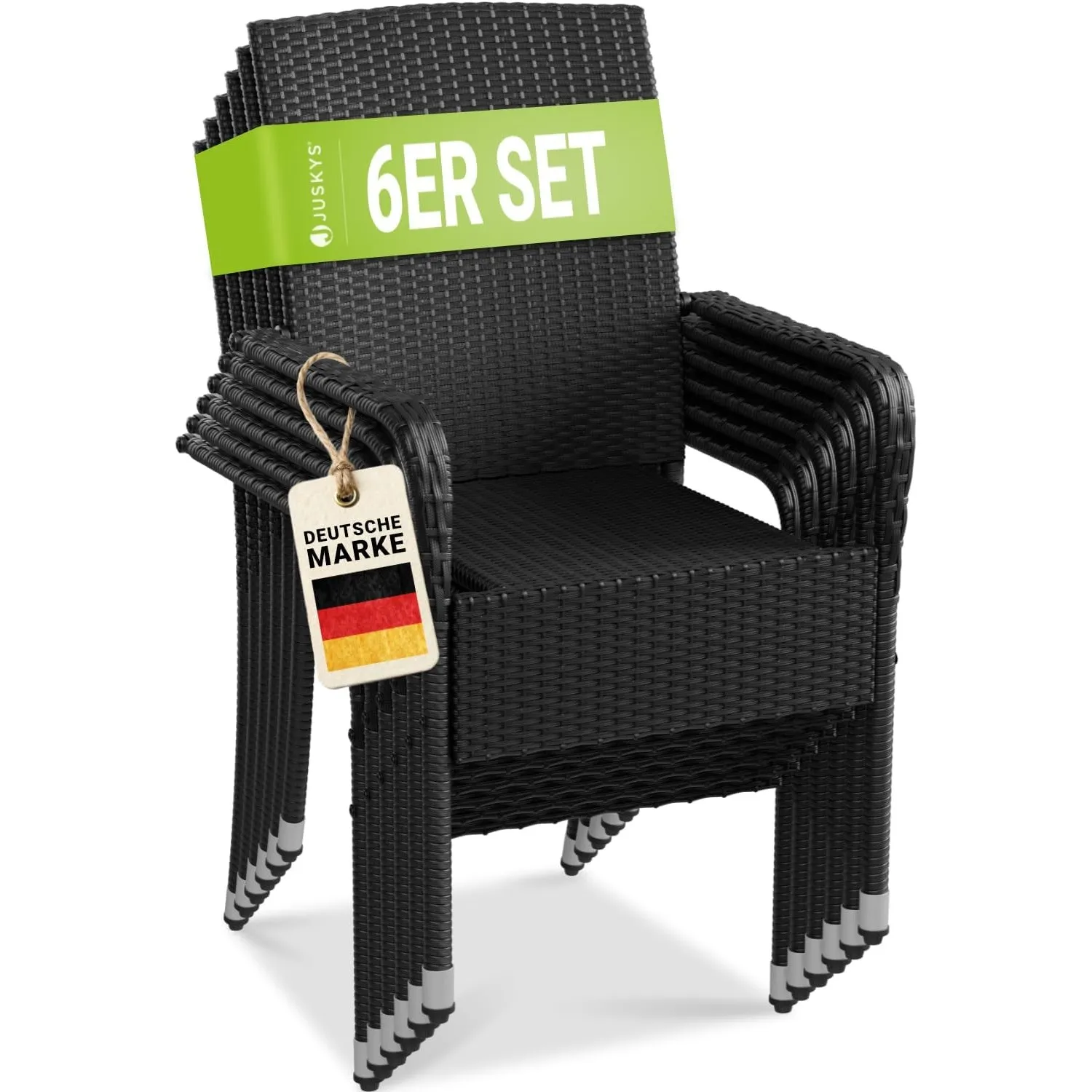 Juskys Polyrattan Gartenstühle Yoro 6er Set mit Armlehnen & Rückenlehne - 6 Stühle stapelbar - Rattan Stuhl Garten - St…