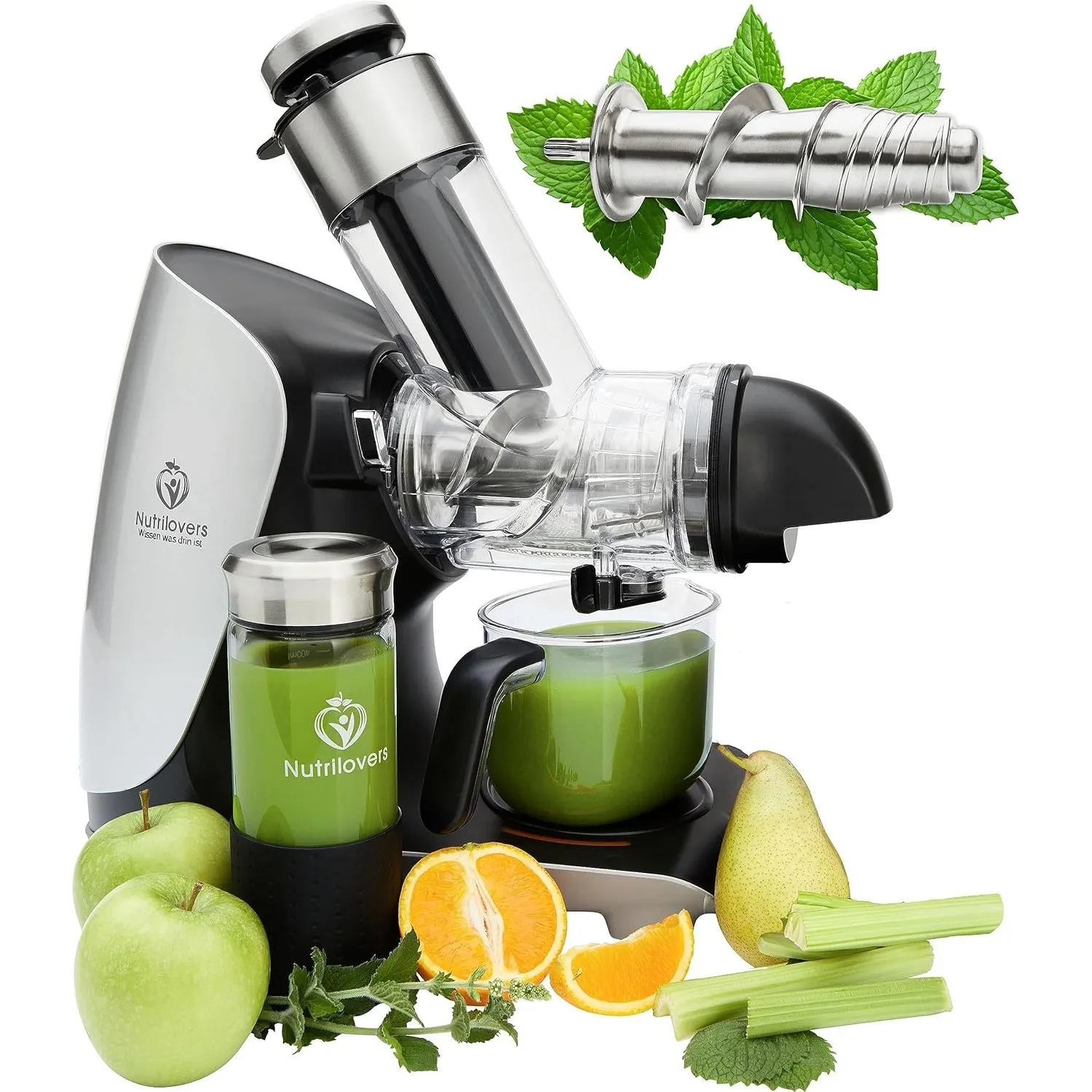 Nutrilovers Slow Juicer GREEN-PRESS EDELSTAHL Schnecke DEUTSCHE MARKE Ganze Früchte entsaften Sellerie Gemüse und Obst …