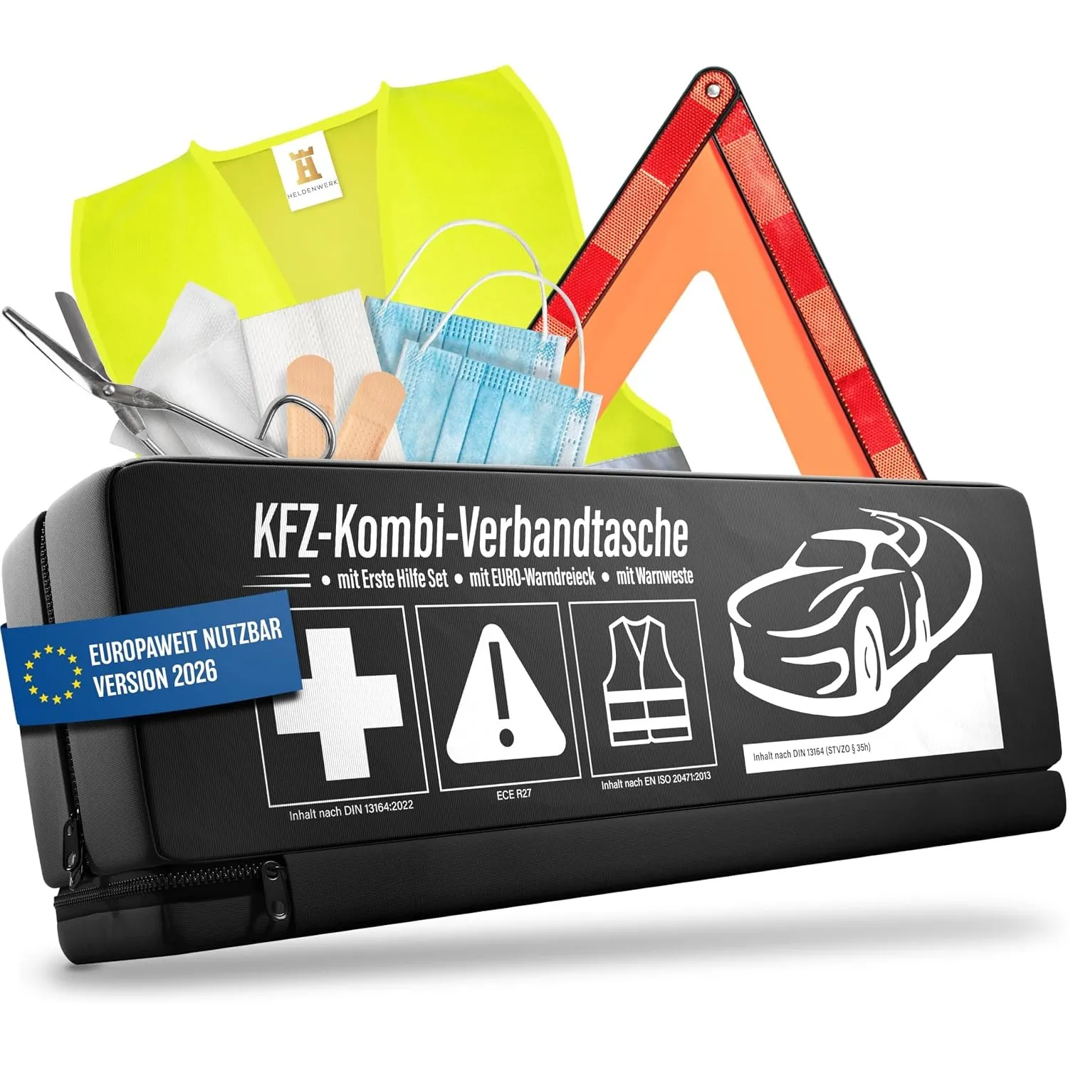HELDENWERK® Erste Hilfe Set Auto 3in1 Norm 2026 mit Warndreieck & Warnweste