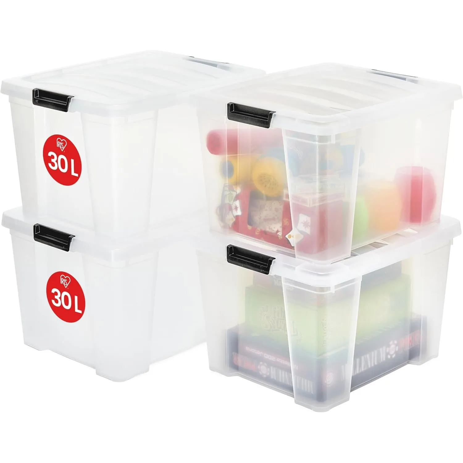 Iris Ohyama, Aufbewahrungsbox aus Kunststoff, 4er-Set, 30L - HB-30 - Transparent, L43 x T35 x H25.5 cm