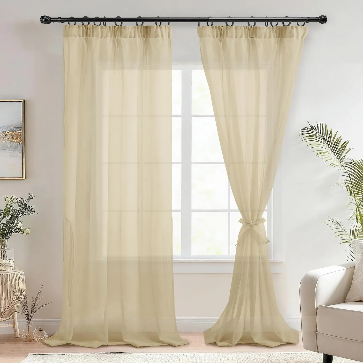DWCN Vorhänge Kräuselband Gardinen Beige Transparent 2er Set H245 x B140 cm