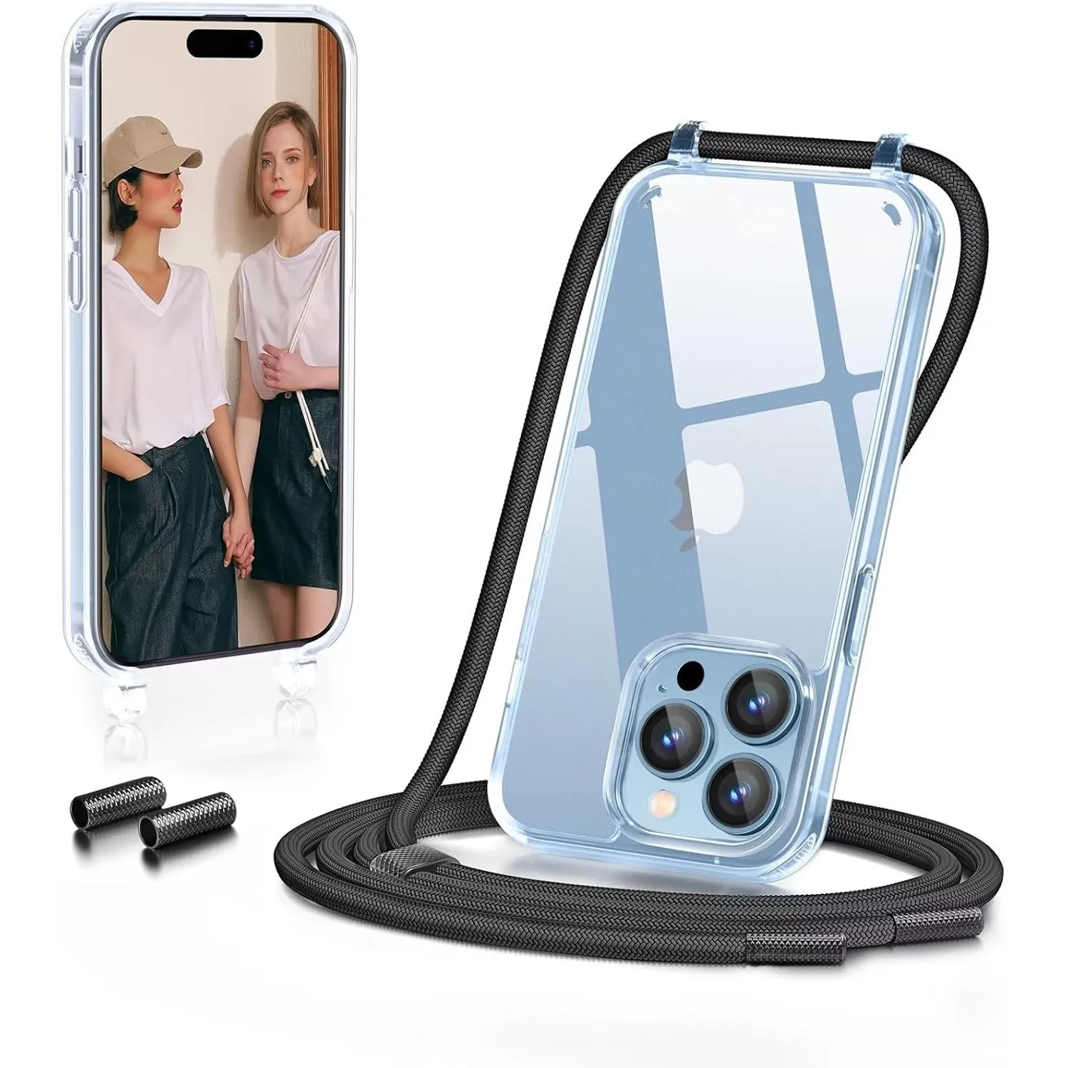 GOODVISH Handykette für iPhone 15 Pro Hülle mit Band, Schwarz | Kameraschutz und Bildschirmschutz, Transparent Necklace…
