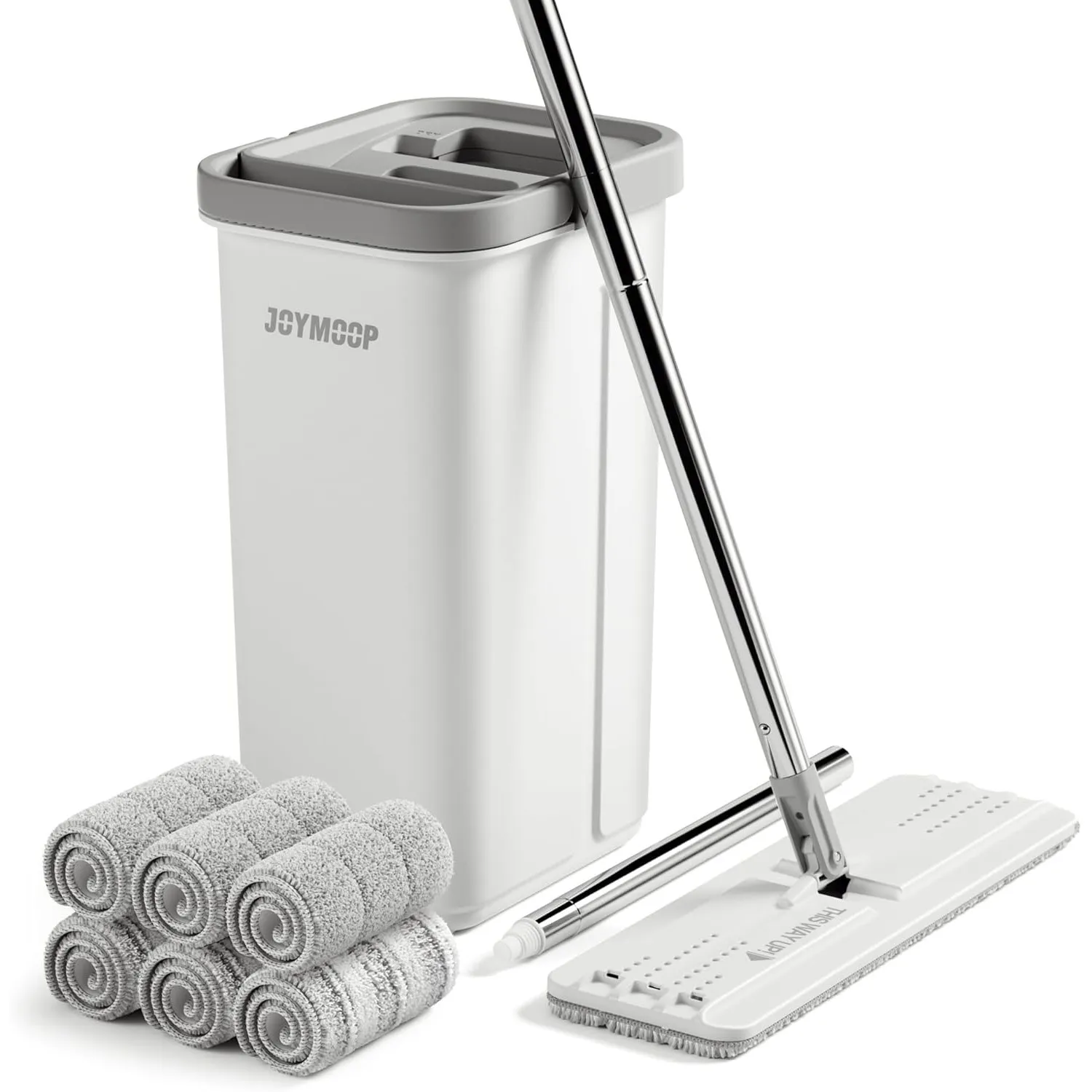 JOYMOOP Wischmopp und Eimer mit Auswringer-Set, weißes flaches Squeeze-Mopp-Eimer-Set für Bodenreinigung, Wandreiniger …