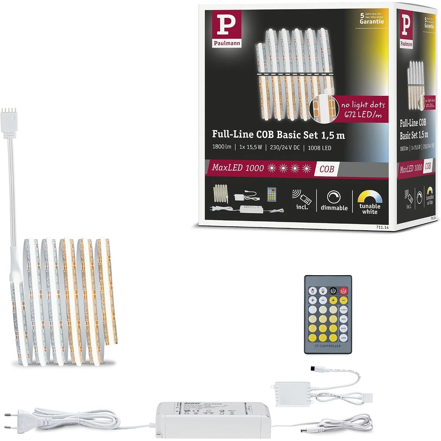 Paulmann 71114 MaxLED 1000 LED Strip Full-Line COB 1,5m 15,5W 1200lm/m 672LEDs/m Tunable White 40VA LED Band erweiterbar