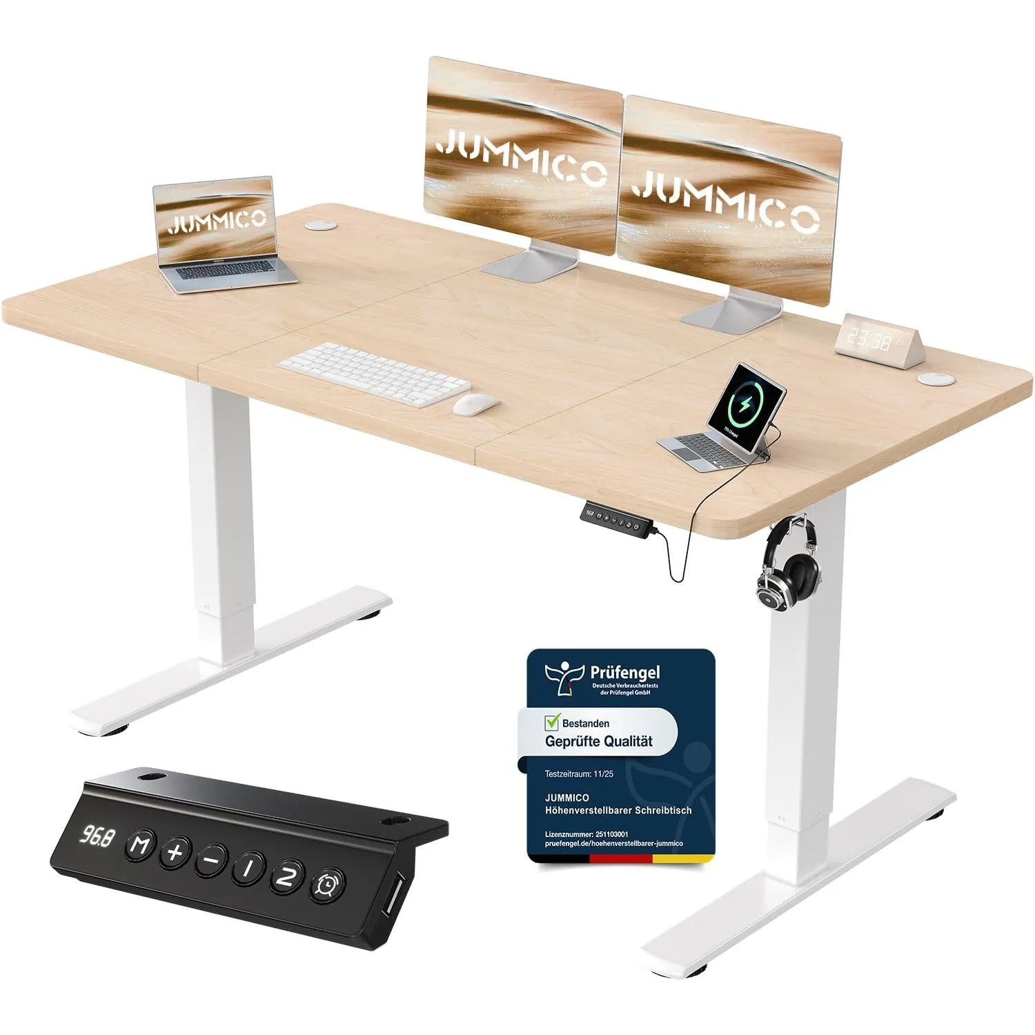 JUMMICO Höhenverstellbarer Schreibtisch mit USB-Ladeanschluss,Schreibtisch Höhenverstellbar Elektrisch 140 x 60 cm, Ste…