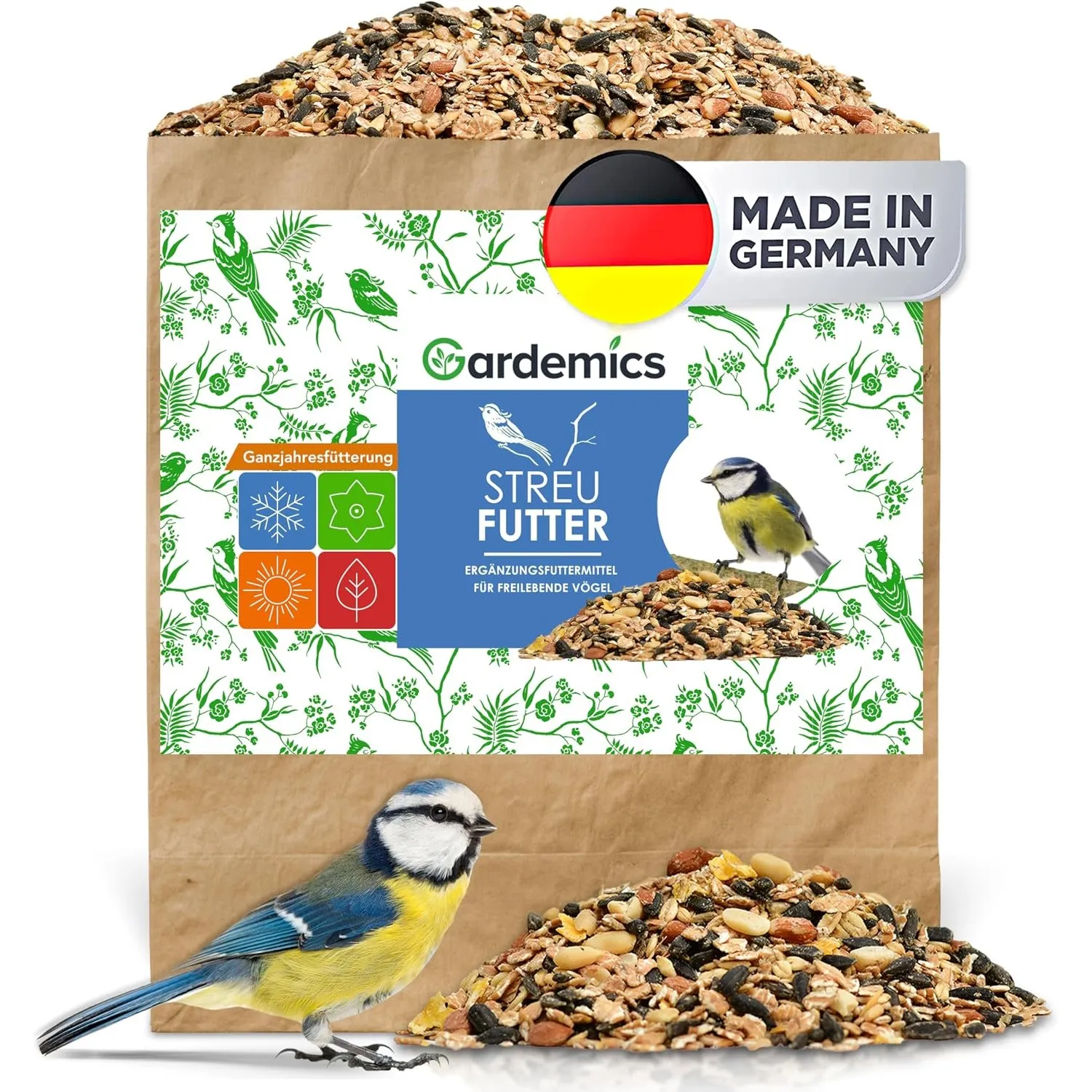 Gardemics Wildvogelfutter Ganzjahresfutter 10 kg mit Erdnüssen & Sonnenblumenkernen