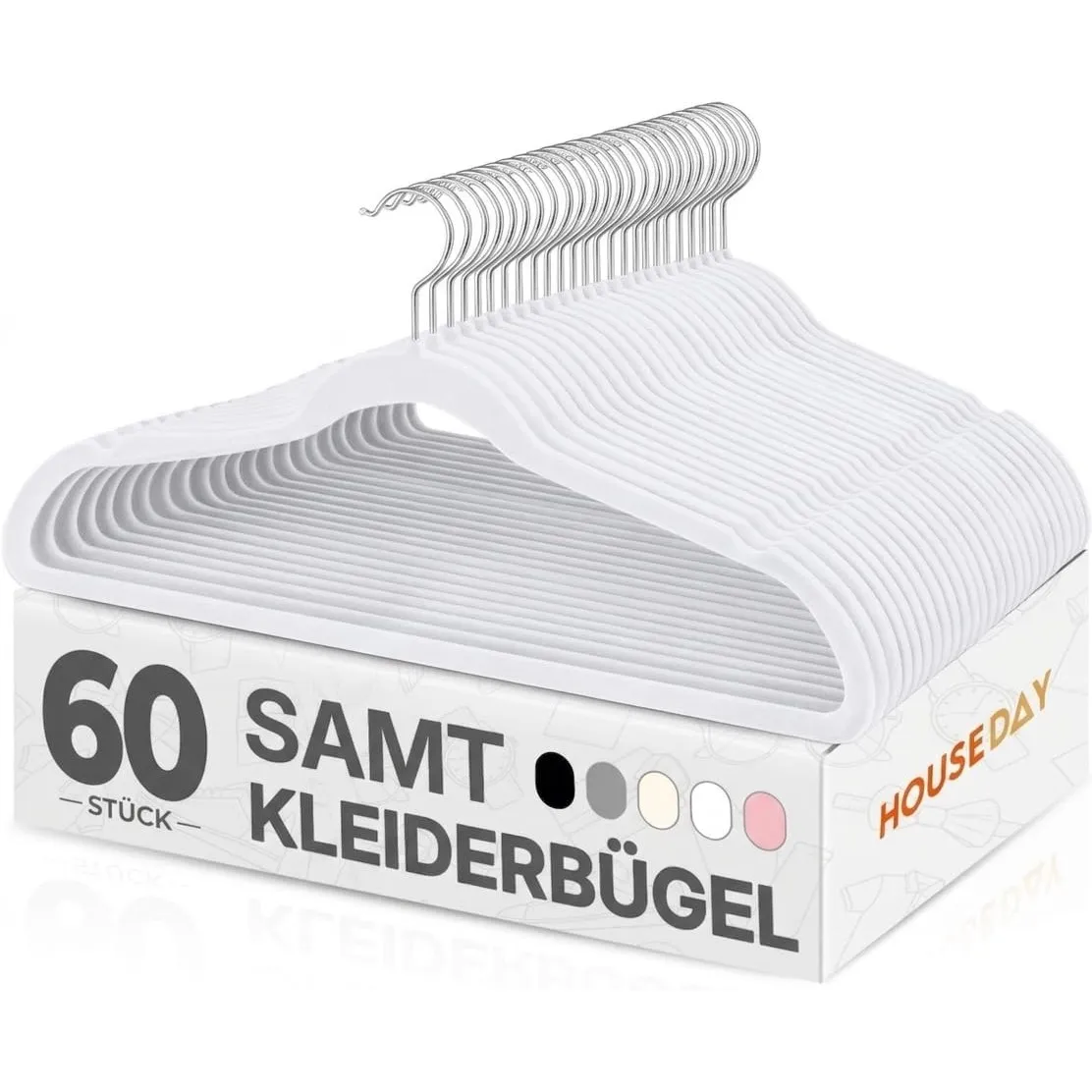 HOUSE DAY Kleiderbügel Samt 60 Stück, Kleiderbügel Platzsparend, Weiß