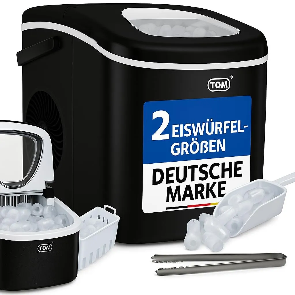 TOM Eiswürfelmaschine – 9 Eiswürfel in 6-8 min – 12 kg/24 h – 2 Würfelgrößen – Ice maker Eiswürfelmacher mit 1,3 l Wass…