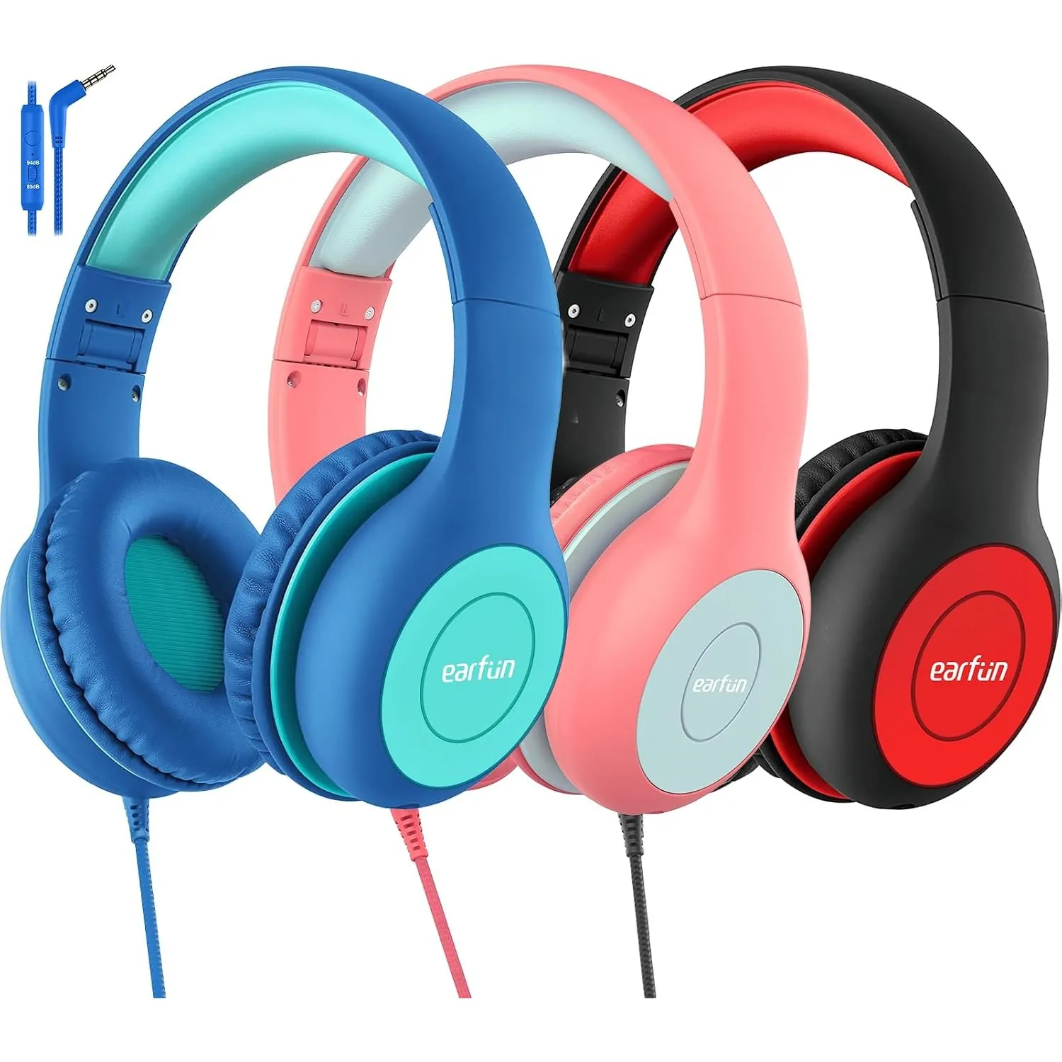 EarFun Kinder Kopfhörer mit 3,5 mm Kabel, Lautstärkebegrenzung, 3er, Rot | 85/94 dB für kindgerechtes Hören, bequem, kl…