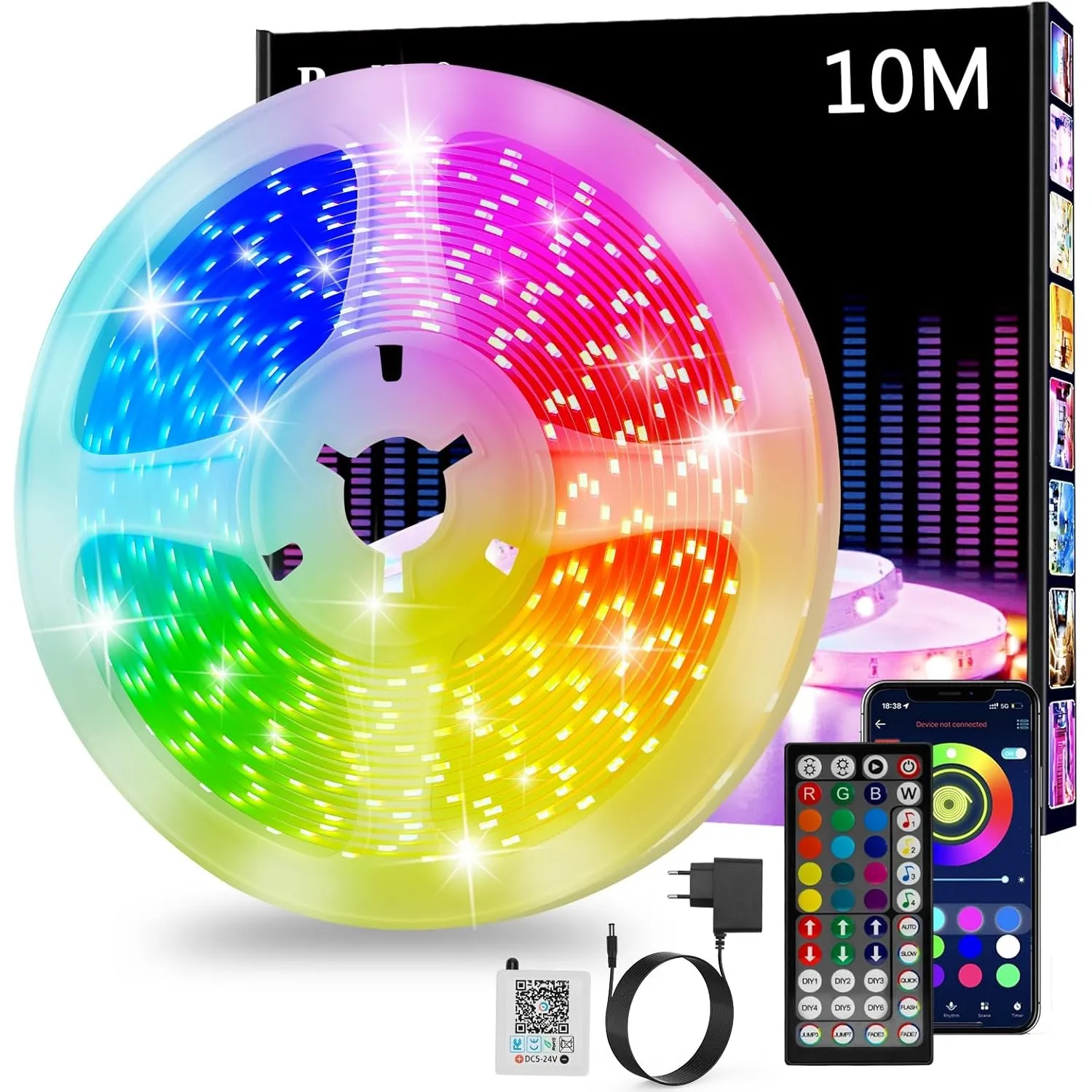 Led Strip 10m, RGB Led Streifen, Bluetooth Smart Led Band Selbstklebend, LED Leiste mit Fernbedienung und APP, LED Ligh…