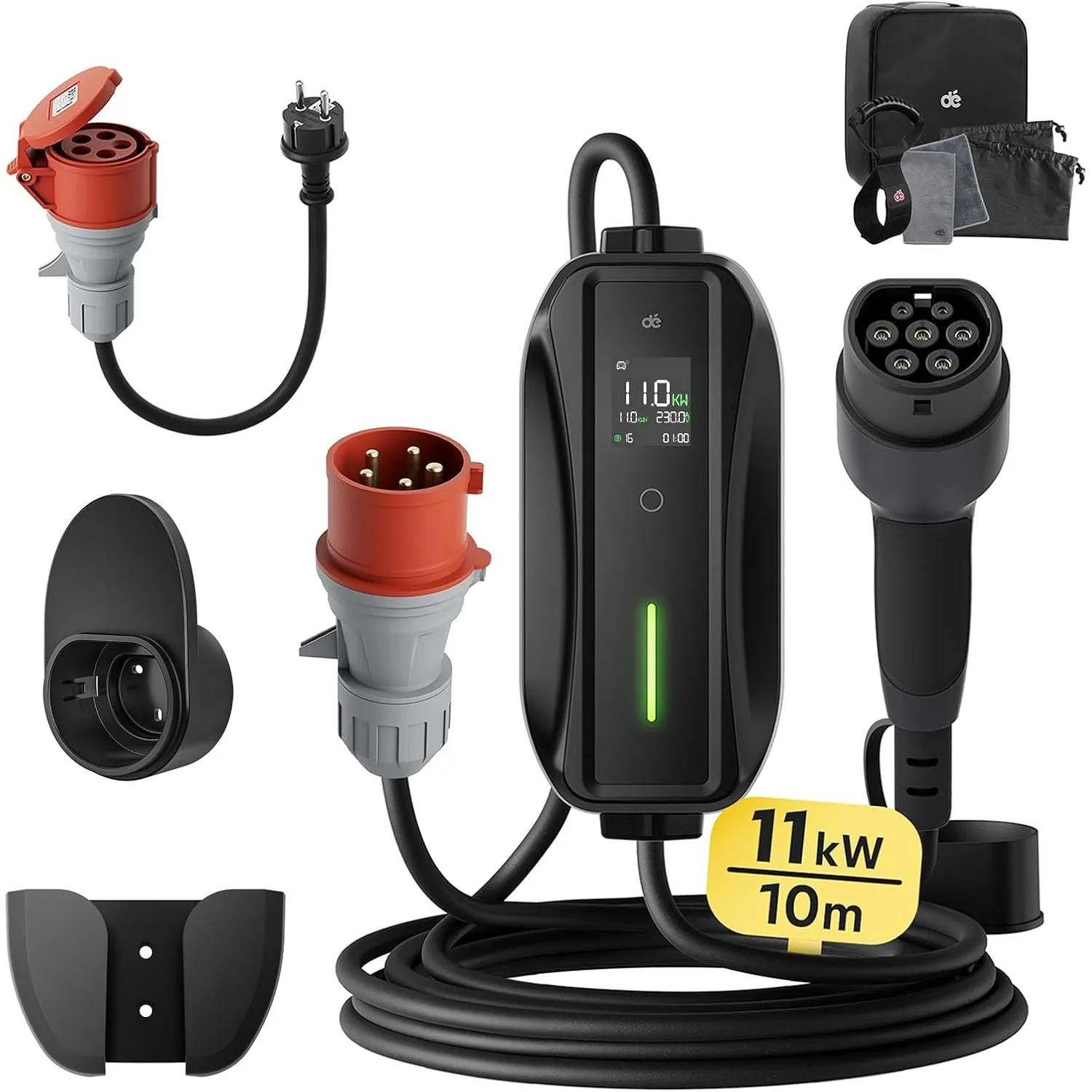 dé Mobile Wallbox/Ladestation 11kW [3-phasig|10m|6-16A] mit Einstellbarer Ladeleistung, Ladekabel CEE 16A auf Typ 2 und…