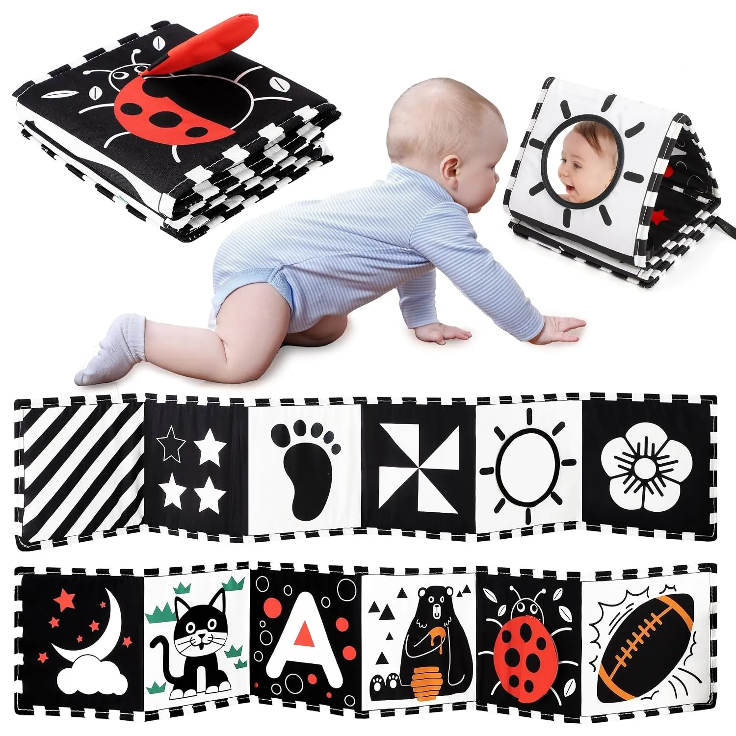 URMYWO Kontrastbuch Baby, Schwarz Weiß Doppelseitig babyStoffbuch, Soft Bilderbuch aus Stoff mit Spiegeln, Kinderwagen …