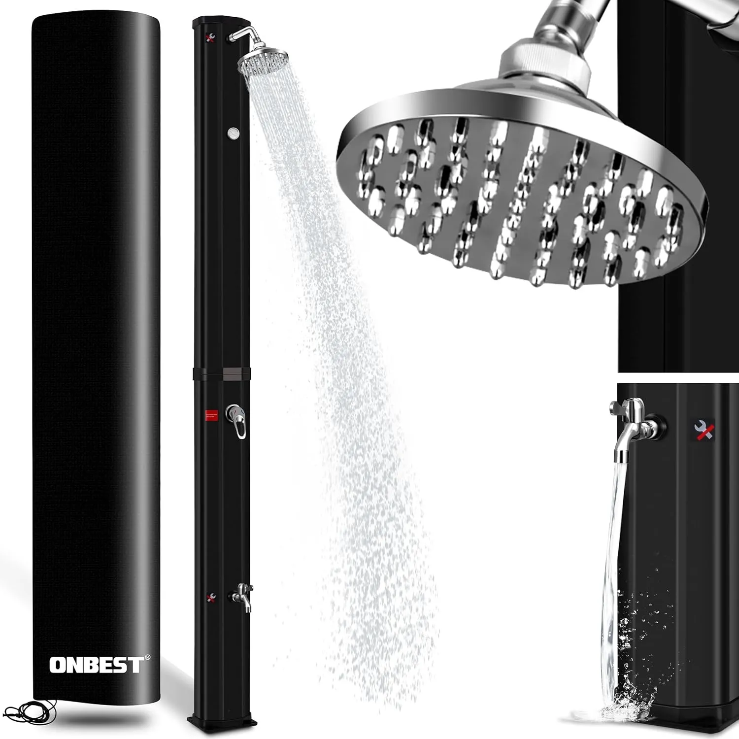 Onbest 35 Liter Solardusche Garten mit Regenschutz – Zusätzlicher Wasserhahn und integriertes Thermometer – 60°C – Warm…