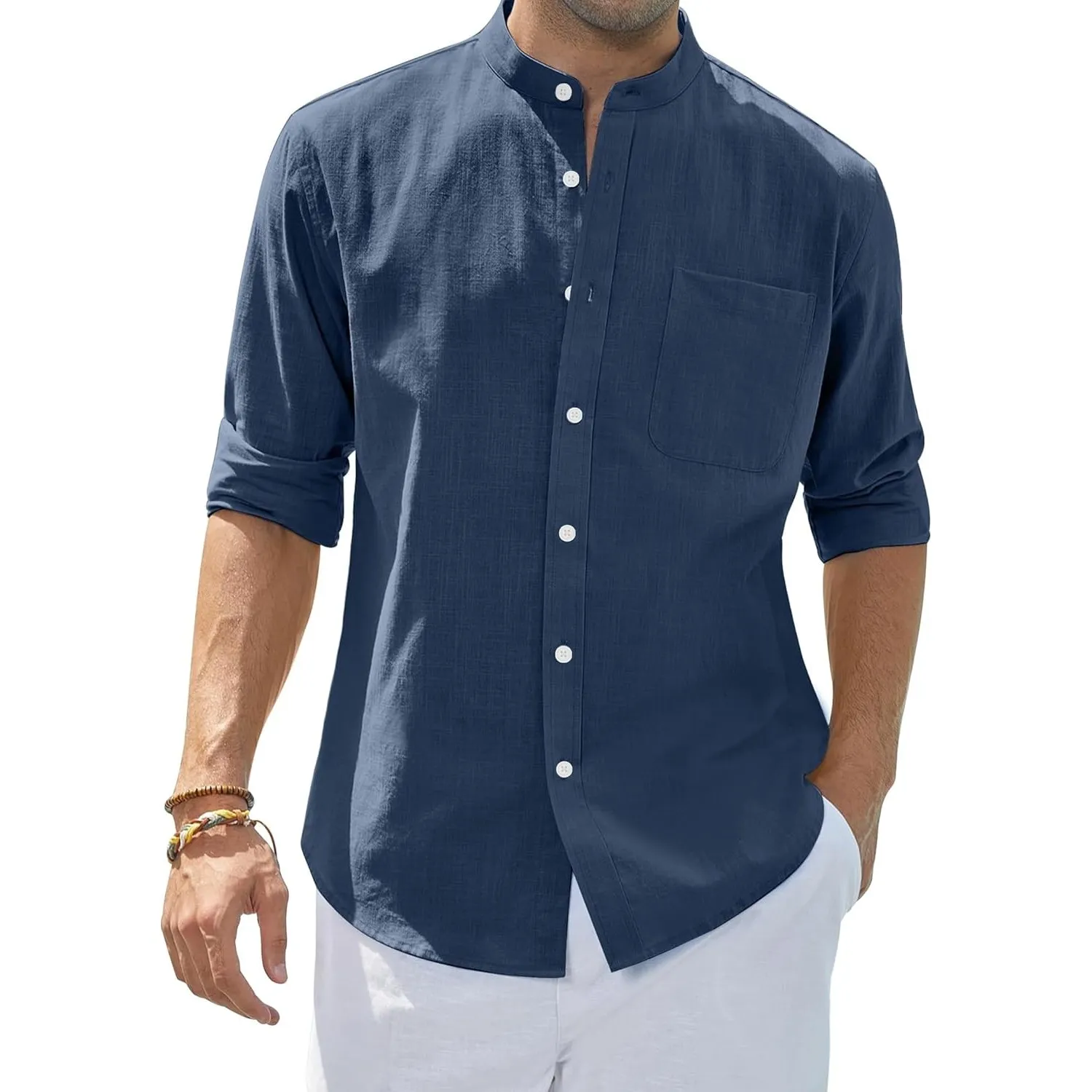 siliteelon Leinenhemd Herren Hemd Langarm Stehkragen Baumwolle Leinen Hemd Regular Fit Sommer Freizeithemden Business F…