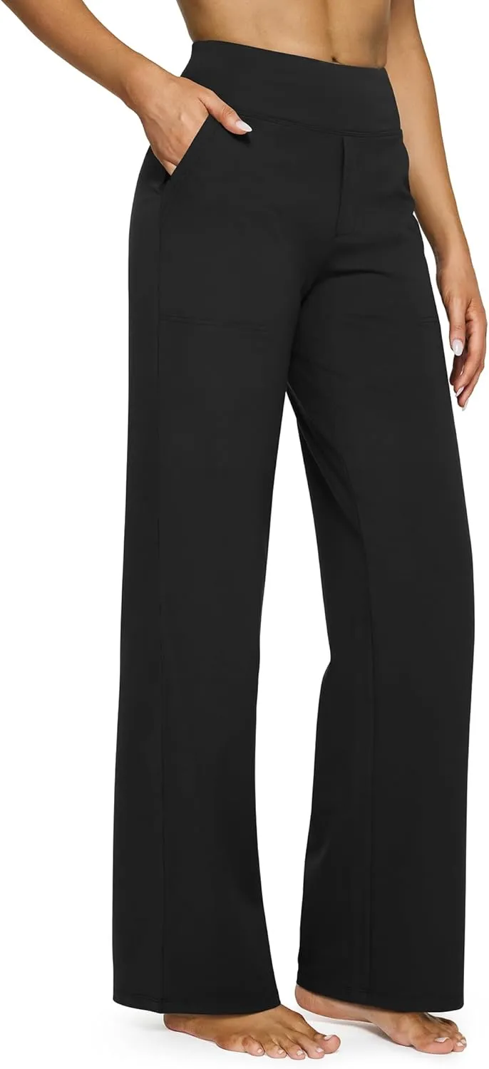 G4Free Yoga Damenhose Hohe Taille Kleiderhose mit 4 Taschen Elegant Stretch Weites Bein Geschäft Hose Arbeit Bauchkontr…