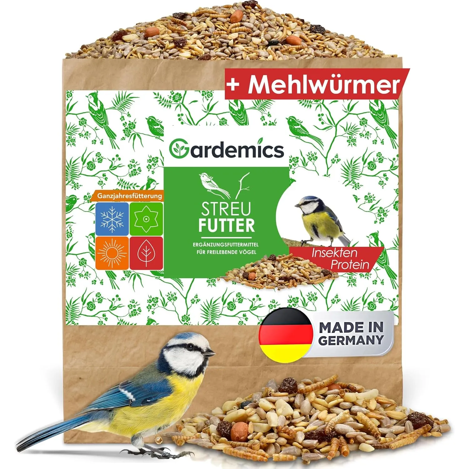 Gardemics Wildvogelfutter 10 kg mit Mehlwürmern, proteinreiches Ganzjahresfutter