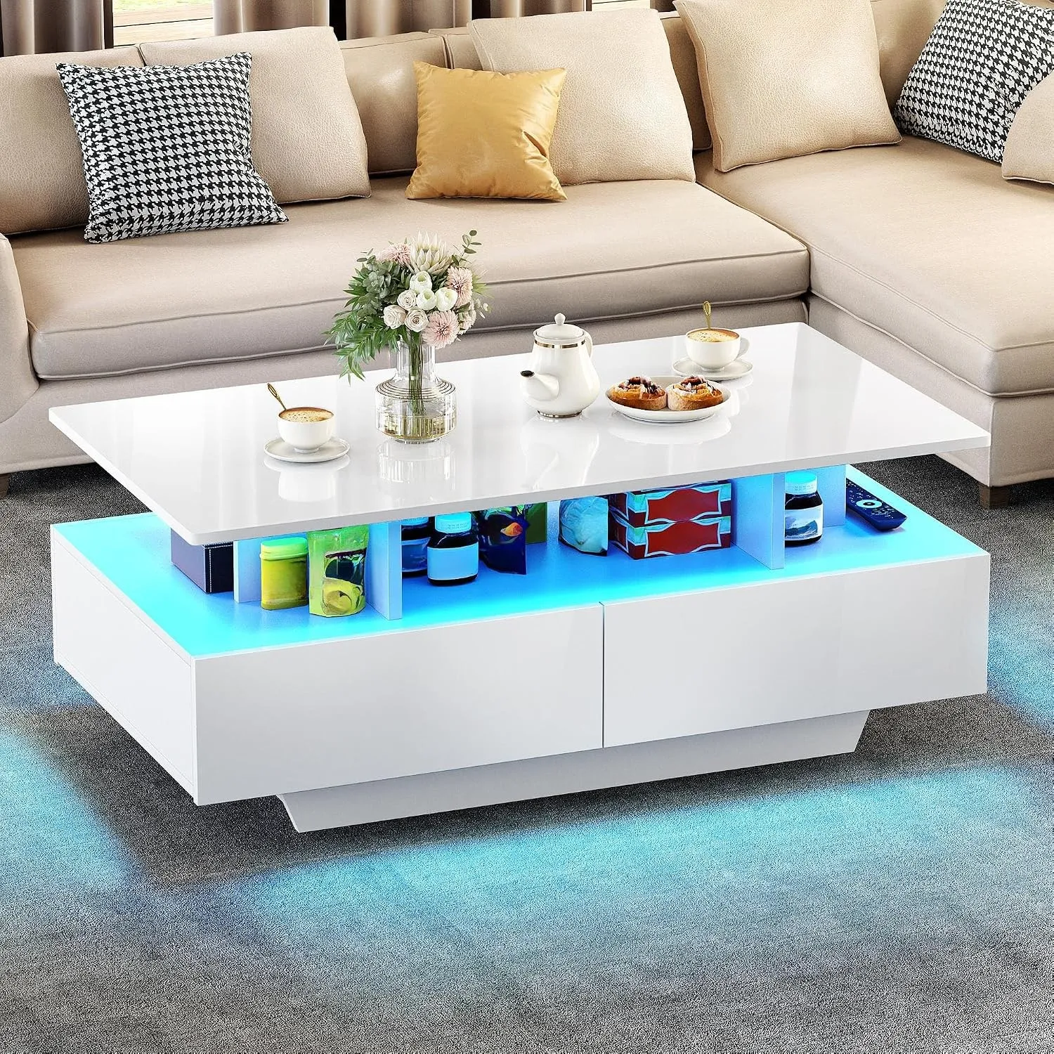 YITAHOME Couchtisch Weiß, Wohnzimmertisch Hochglanz mit 16-Farbiger LED Beleuchtung Modern, Beistelltisch Weiss mit Off…