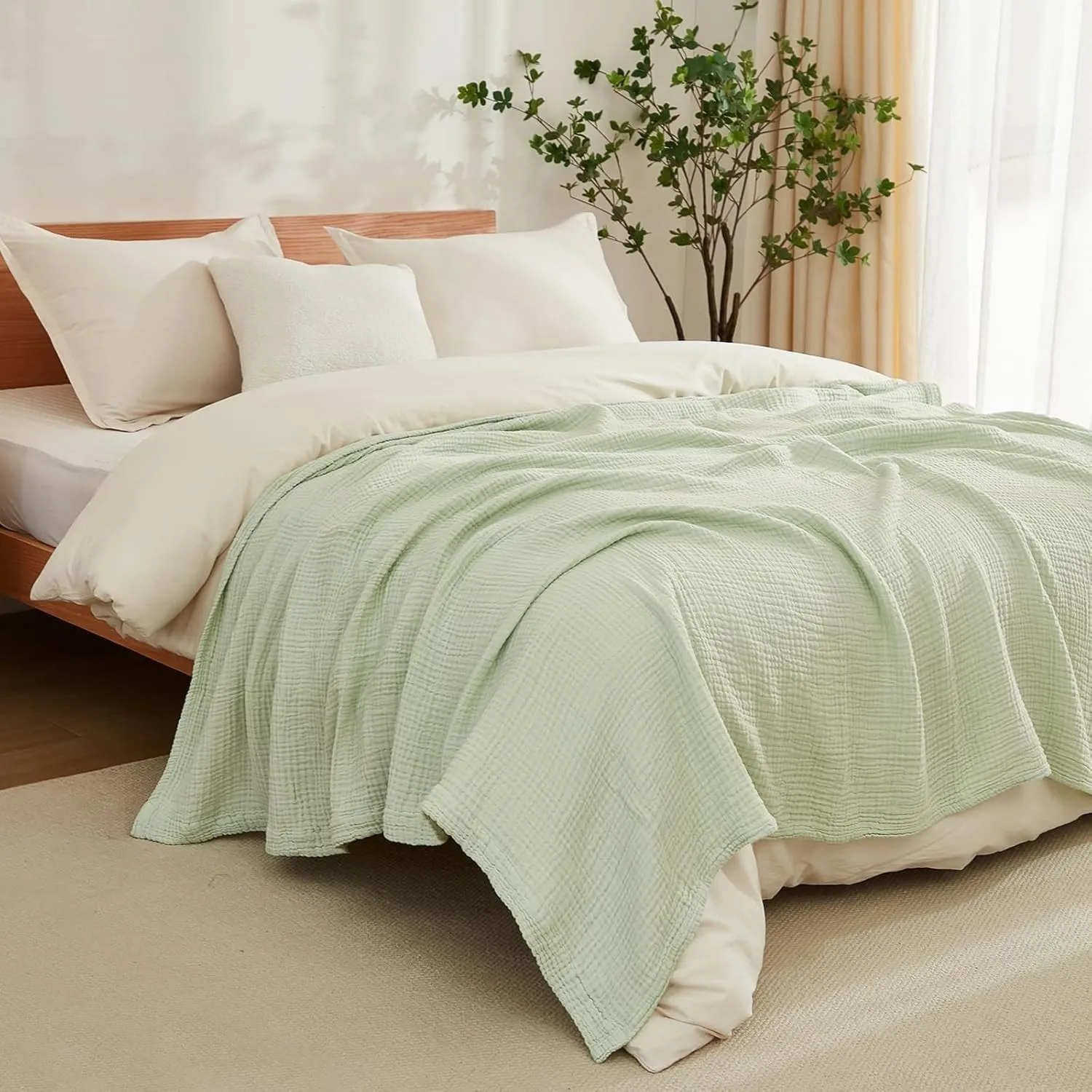 EMME Musselin-Decke 230x230 Baumwolle Oeko-TEX Erwachsene Tagesdecke,Mint | Sommer-Überwurf Decken Für Bett Atmungsakti…