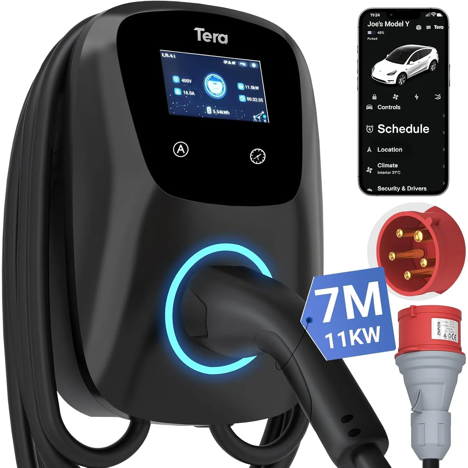 Tera Smart EV Ladegerät Typ 2 Wallbox mit APP 11kW 16A 400V CE&TÜV mit Wlan & Bluetooth 7m Ladekabel mit Ladegerätehalt…