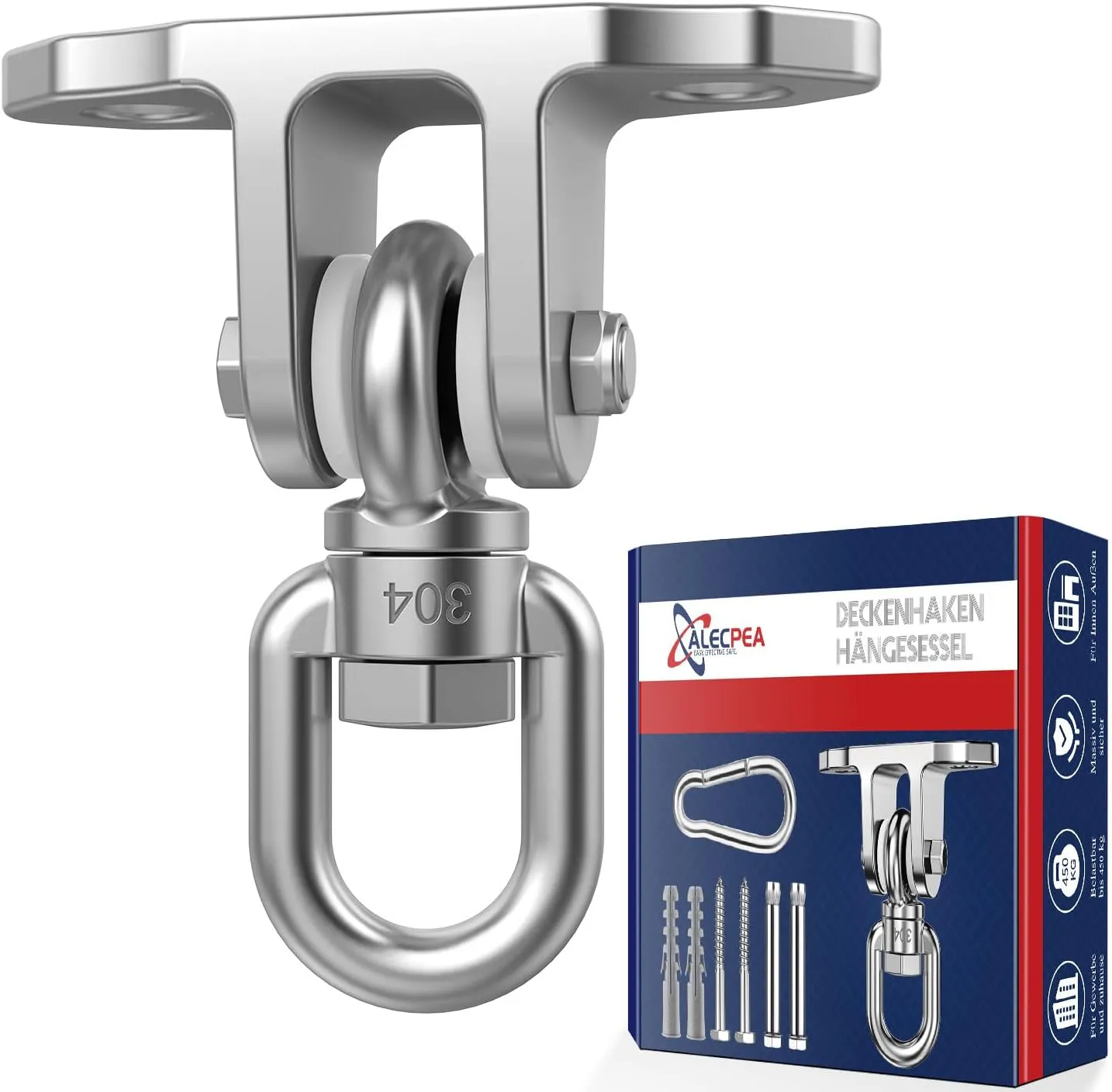 ALECPEA 360°Drehbar Schaukelhaken 450KG Kapazität Edelstahl Deckenhalterung Deckenhaken für Hängesessel | Hängematte | …