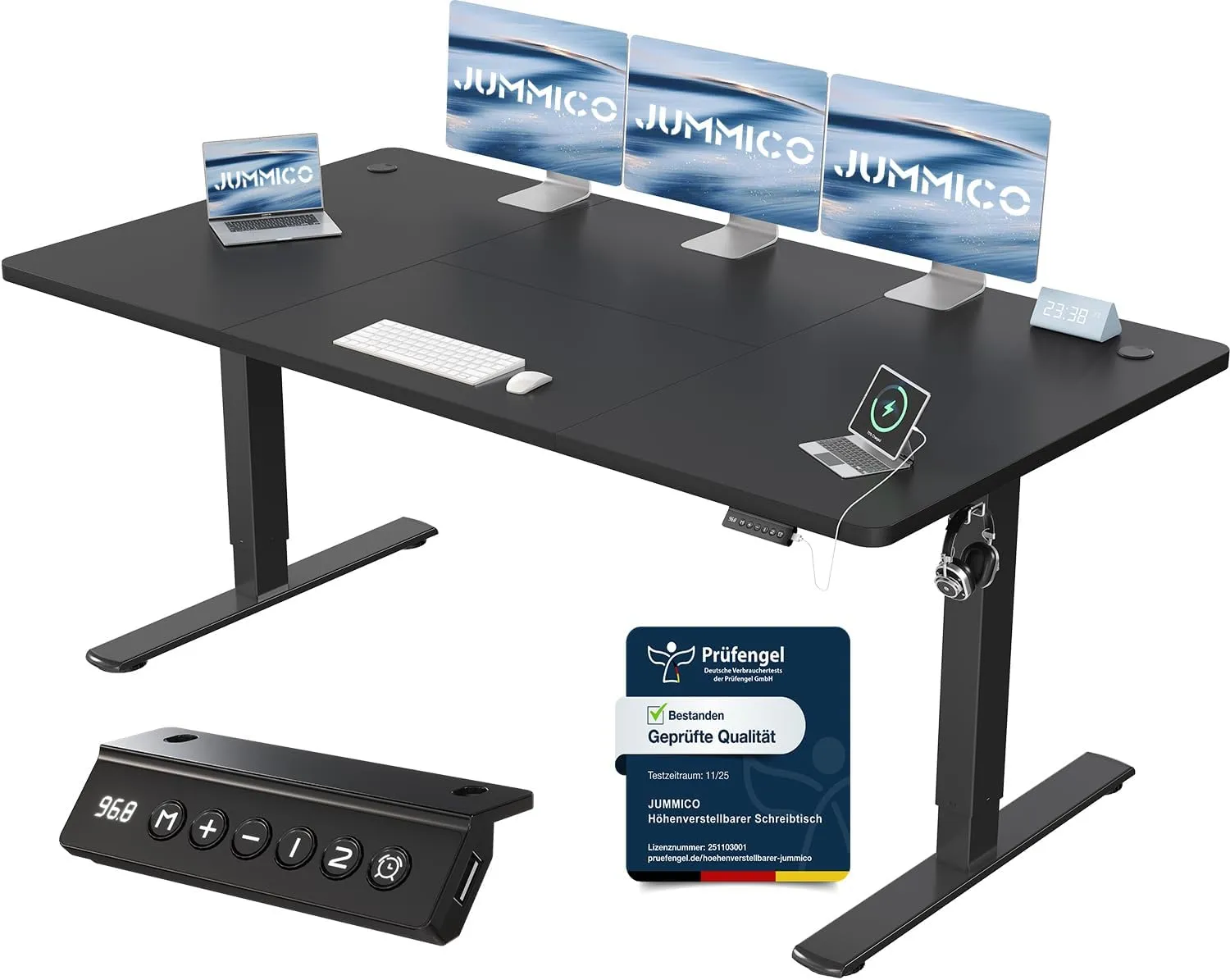 JUMMICO Height-Adjustable Desk with USB Charging Port, 180 x 80 cm, Electric Desk, Standing Seat, Table, Adjustable Com…