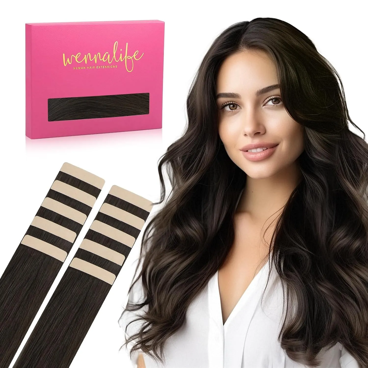 WENNALIFE Tape Extensions Echthaar,10pcs 30g 60cm, Dunkel Braun, Remy Invisible Tape Extensions Seidig Gerade haarverlä…