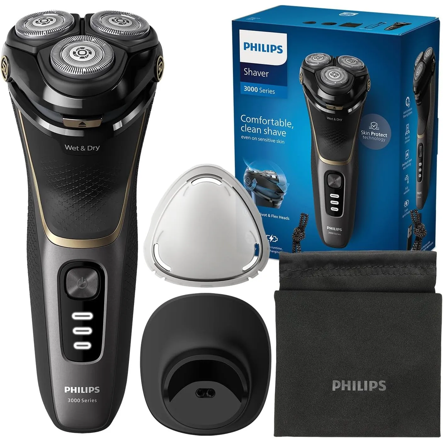 PHILIPS Shaver Series 3000 – Elektrischer Rasierer für Herren, Nass- und Trockenrasur, Schwarz, mit SkinProtect-Technol…