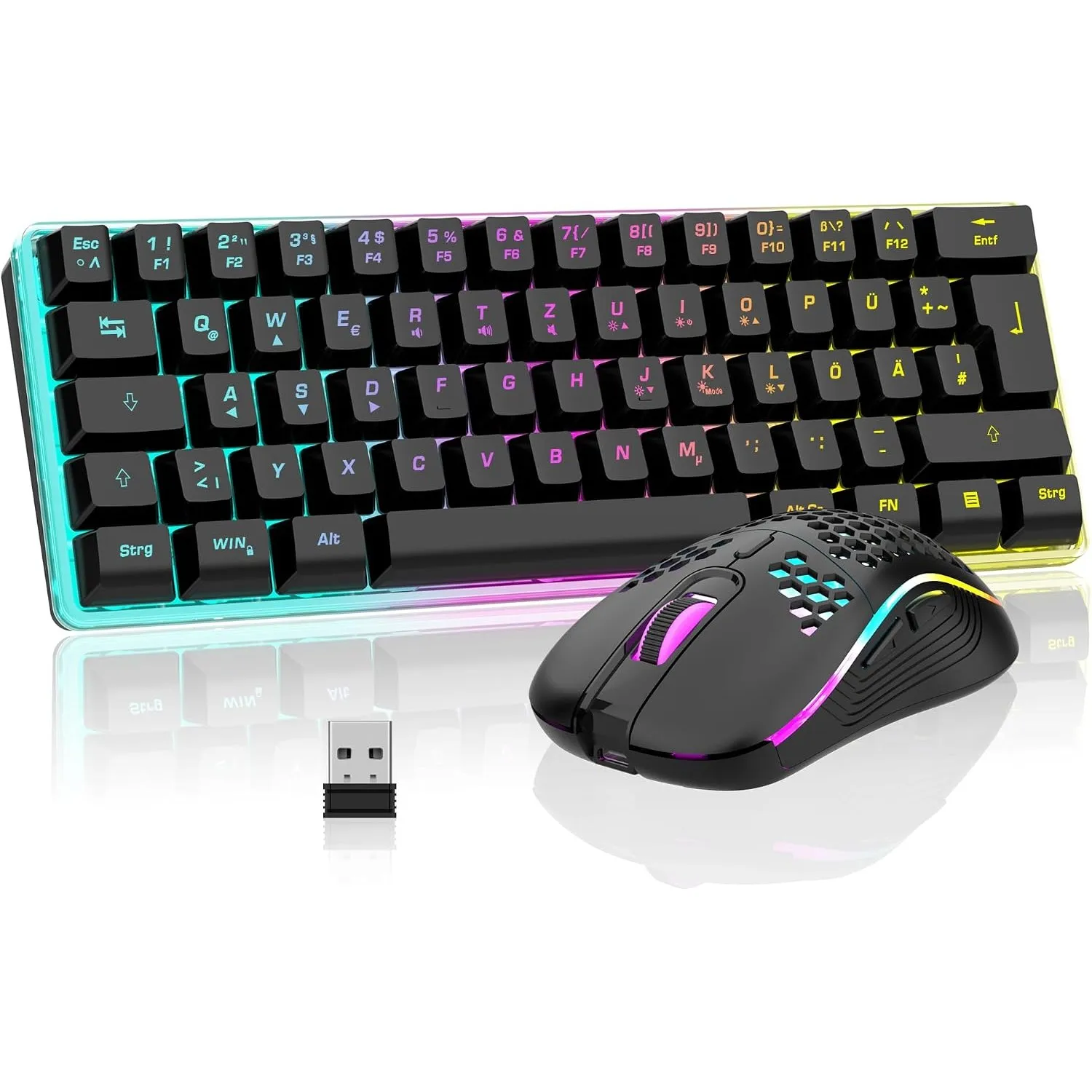 RedThunder 60% Kabelloses RGB Gaming Tastatur und Maus Set, QWERTZ DE Layout, Wiederaufladbare Funktastatur mit Ultrale…
