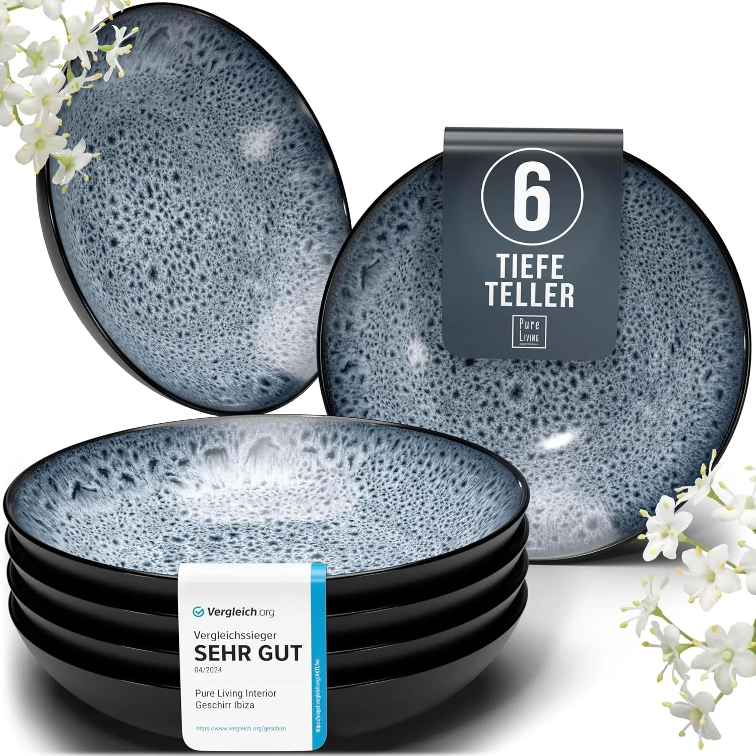 Steingut Suppenteller 6 Personen Ibiza TESTSIEGER, Traumhaftes Mediterranes Steingut Tiefe Teller Set, Pasta Teller Tie…
