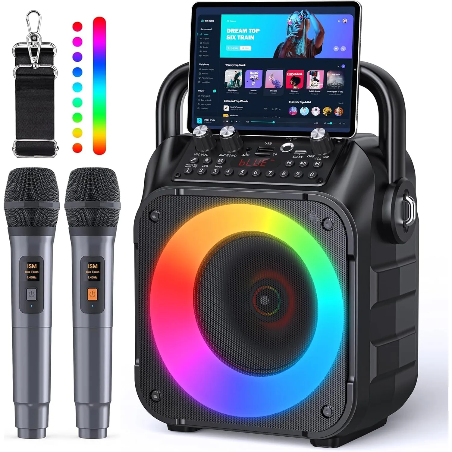 Wowstar Karaoke Maschine mit 2 Mikrofone, Tragbaren Bluetooth Lautsprecher Box für Erwachsene/Kinder mit Lichteffekte P…