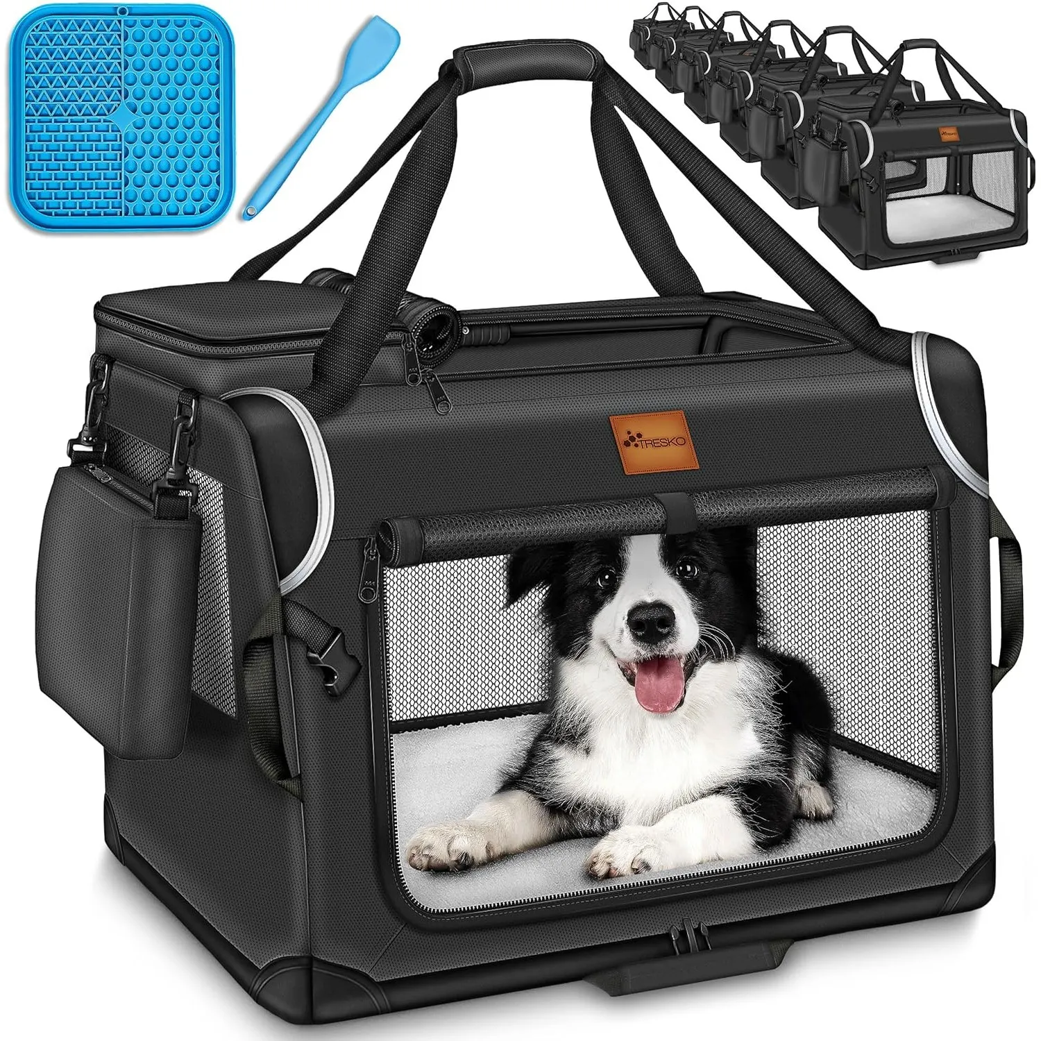 TRESKO® Hundebox faltbar mit Leckmatte, Spatel & Reflektoren S 50x34x34cm | Transportbox für Hunde und Katzen | Hundetr…