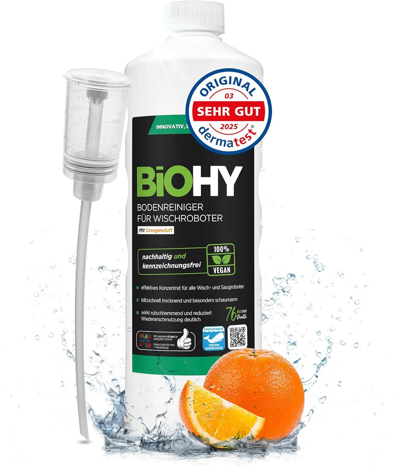 BiOHY Bodenreiniger für alle Wischroboter mit Orangenduft (1l Flasche) + Dosierer | Schaumarm & Streifenfrei | Reinigun…