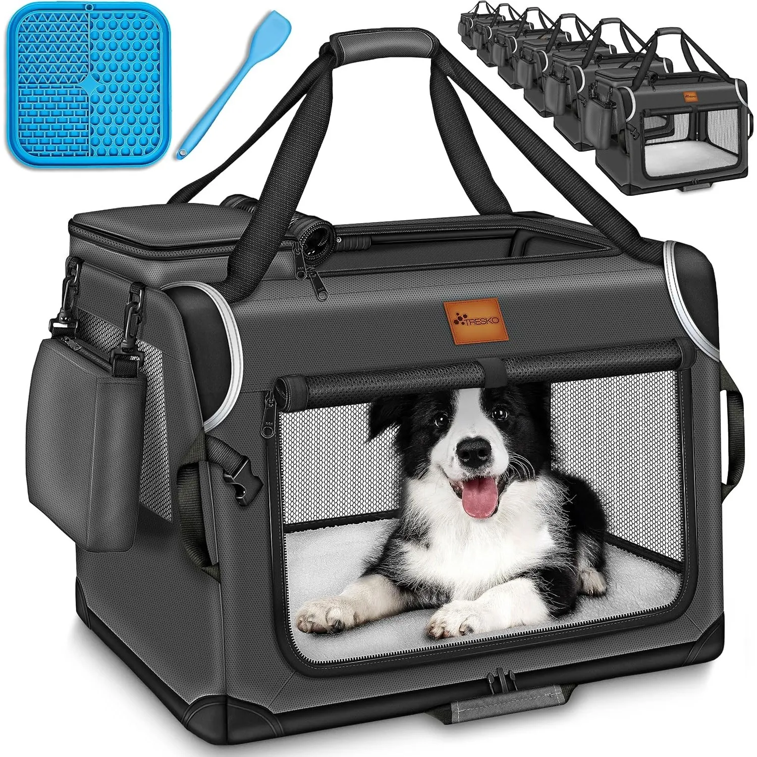TRESKO® Hundebox faltbar inkl. Leckmatte, Spatel & Reflektoren XL 83x58x58cm | Transportbox für Hunde und Katzen | Hund…