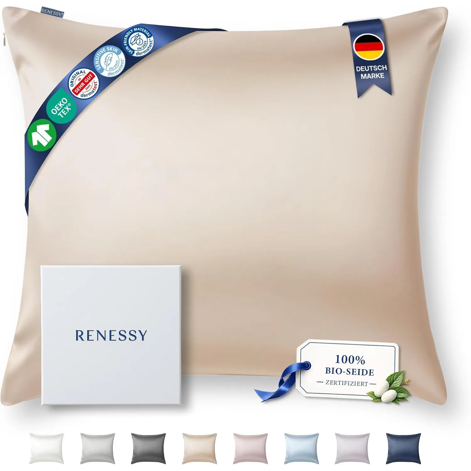 Kissenbezug aus 100% Bio-Seide 80x80 cm - 22 Momme Maulbeerseide, Güteklasse 6A, Oeko-Tex zert. in Deutschland - Luxus …