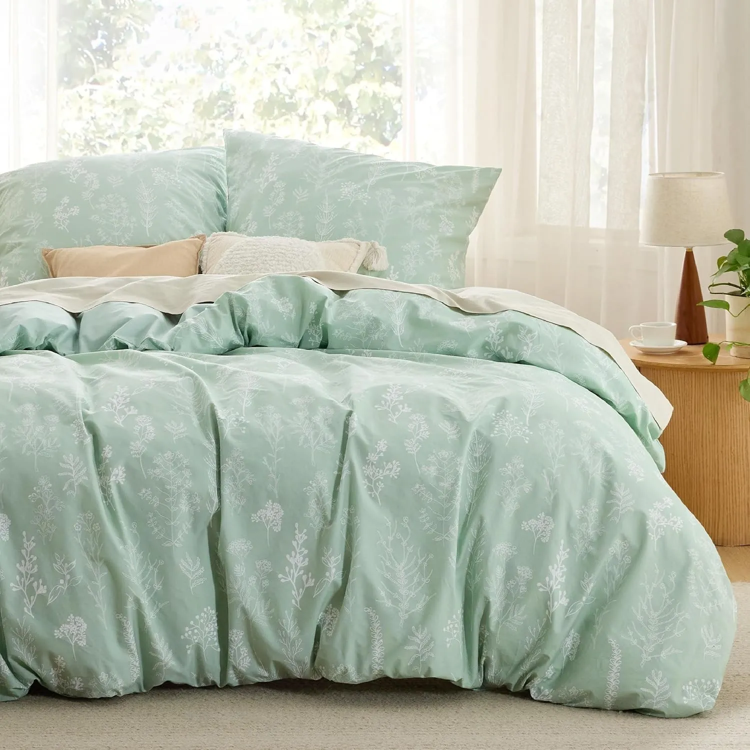 BEDSURE Bettwäsche 200x200 Baumwolle 3teilig - Grün Blumen