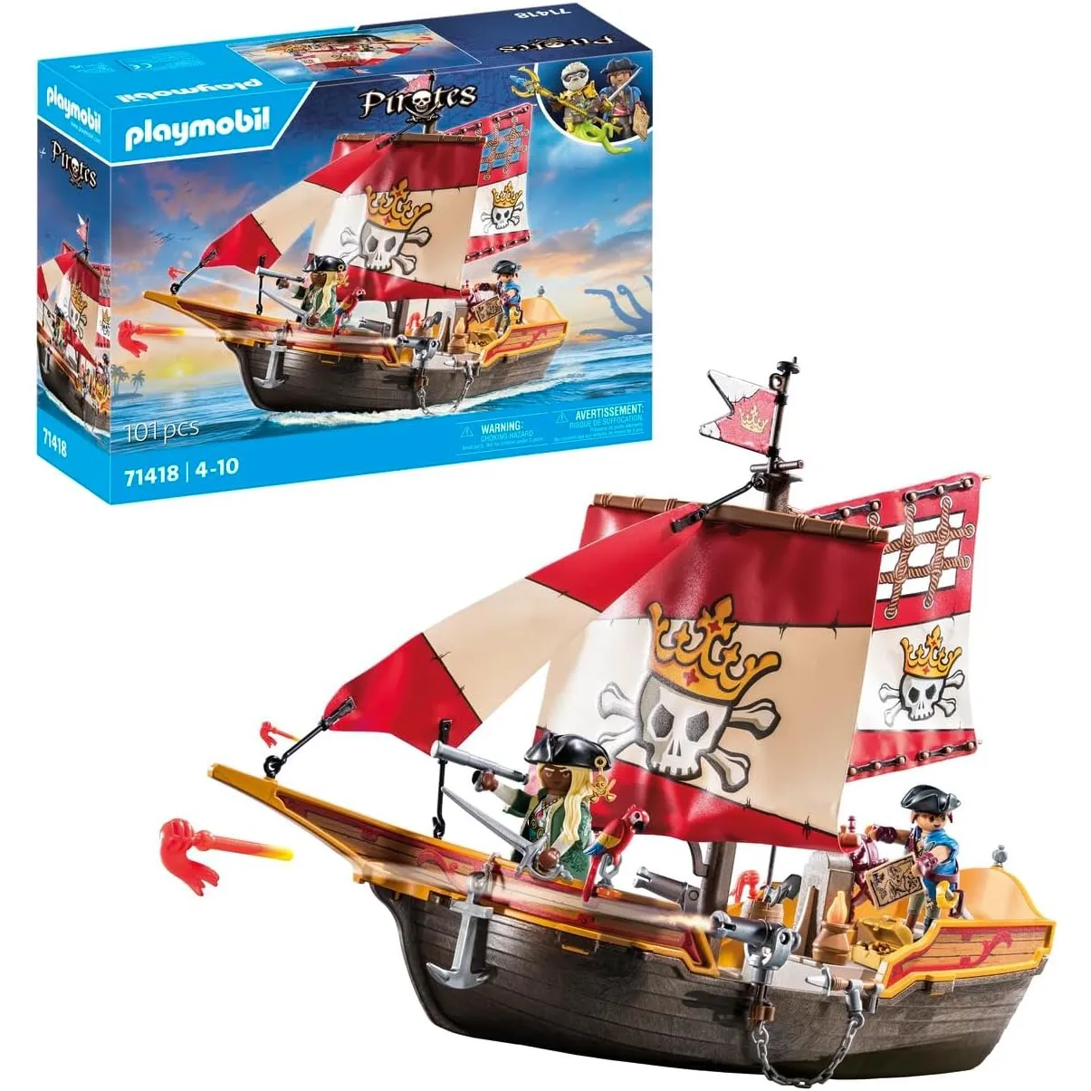 PLAYMOBIL Pirates 71418 Piratenschiff, aufregende Abenteuer auf hoher See, mit umfangreichem Zubehör wie Fernrohr, Komp…