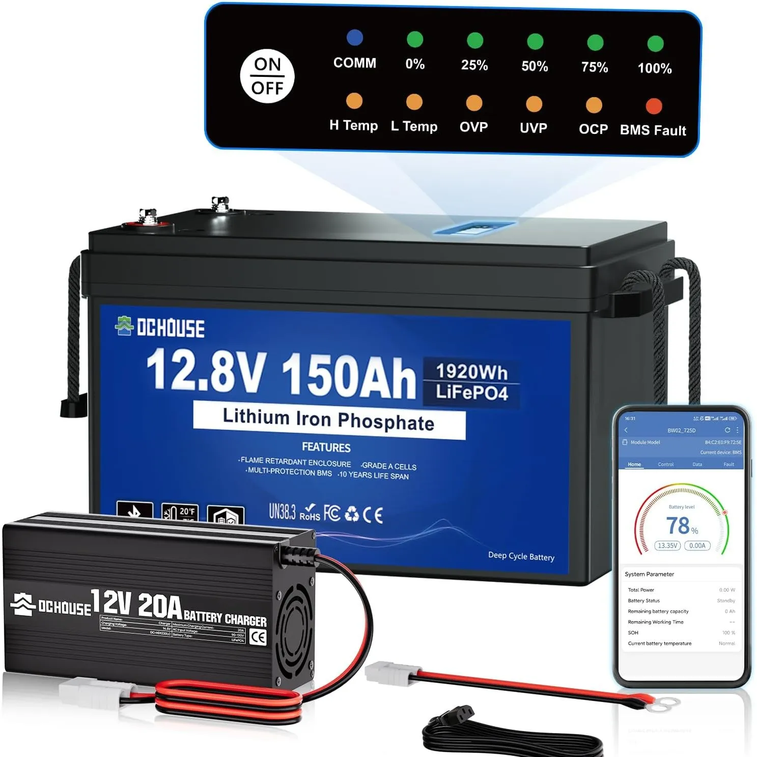 DCHOUSE 12V 150Ah LiFePO4 Bluetooth Lithium Batterie mit SOC-Leuchte mit 20A Ladegerät, 10 Jahre Lebensdauer mit bis zu…