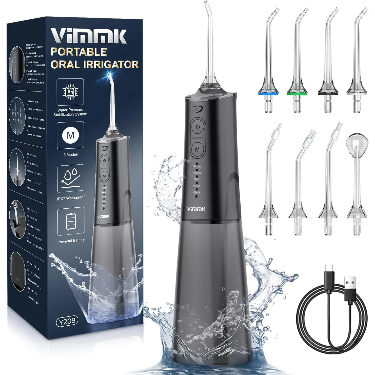 Munddusche Kabellos Elektrischer Zahnreiniger, Vimmk Zahndusche Water Flosser 5 Modi & 8 Düsen USB-C Wiederaufladbare W…